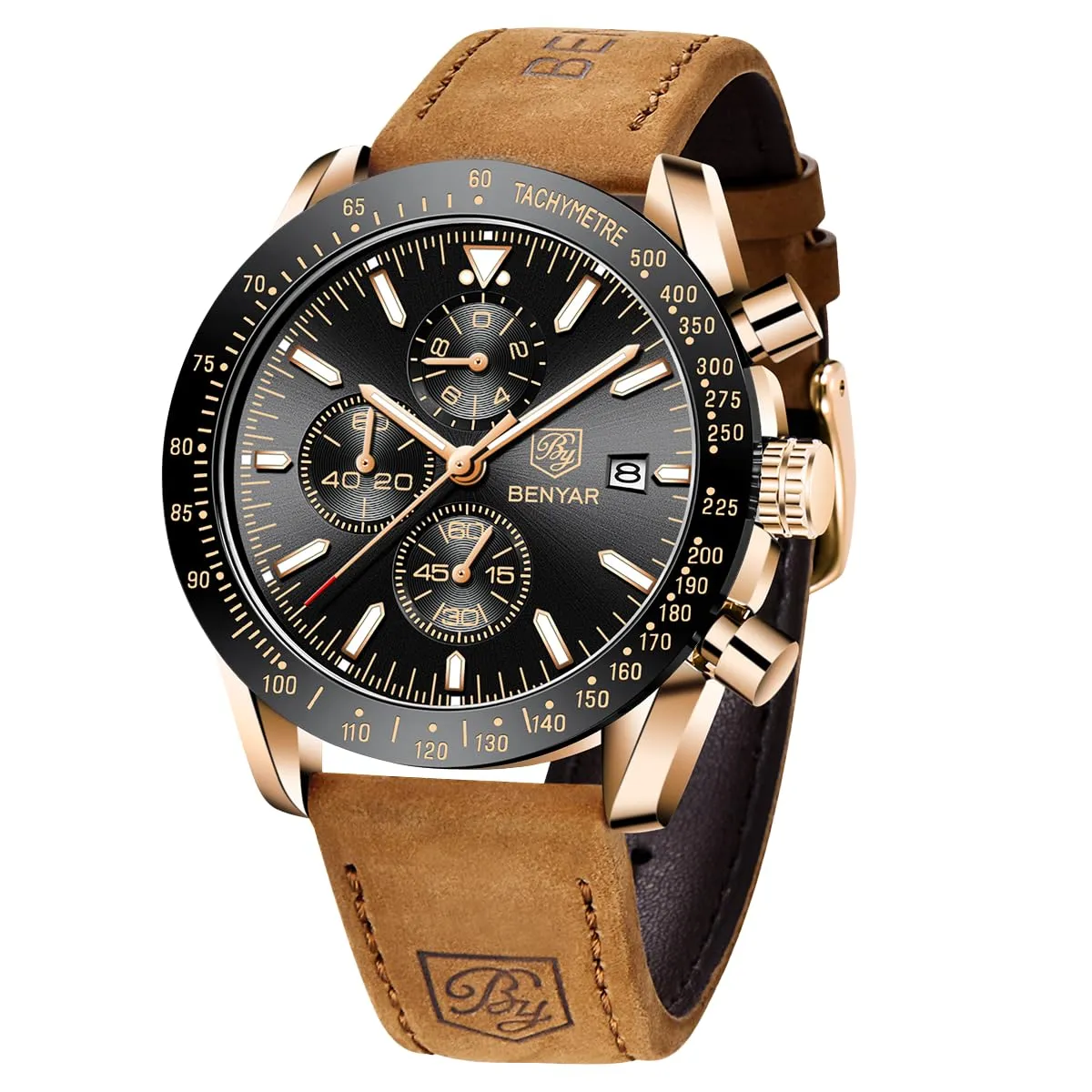 BENYAR Orologio da Uomo Cronografo Analogico al Quarzo Impermeabile LDUS-BY5140, Marrone-oro Nero - immagine 1