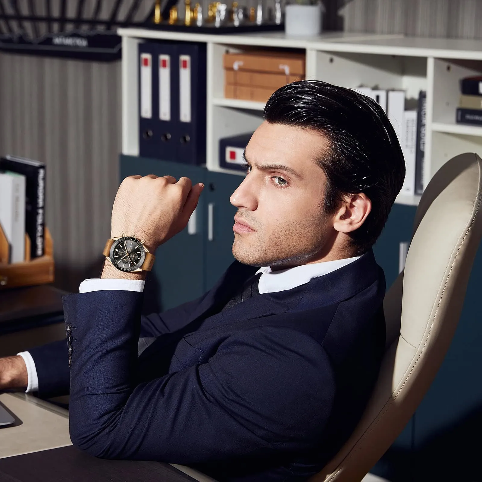 BENYAR Orologio da Uomo Cronografo Analogico al Quarzo Impermeabile LDUS-BY5140, Marrone-oro Nero - immagine 2