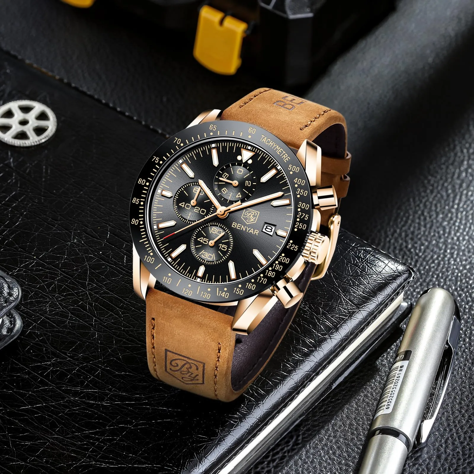 BENYAR Orologio da Uomo Cronografo Analogico al Quarzo Impermeabile LDUS-BY5140, Marrone-oro Nero - immagine 4