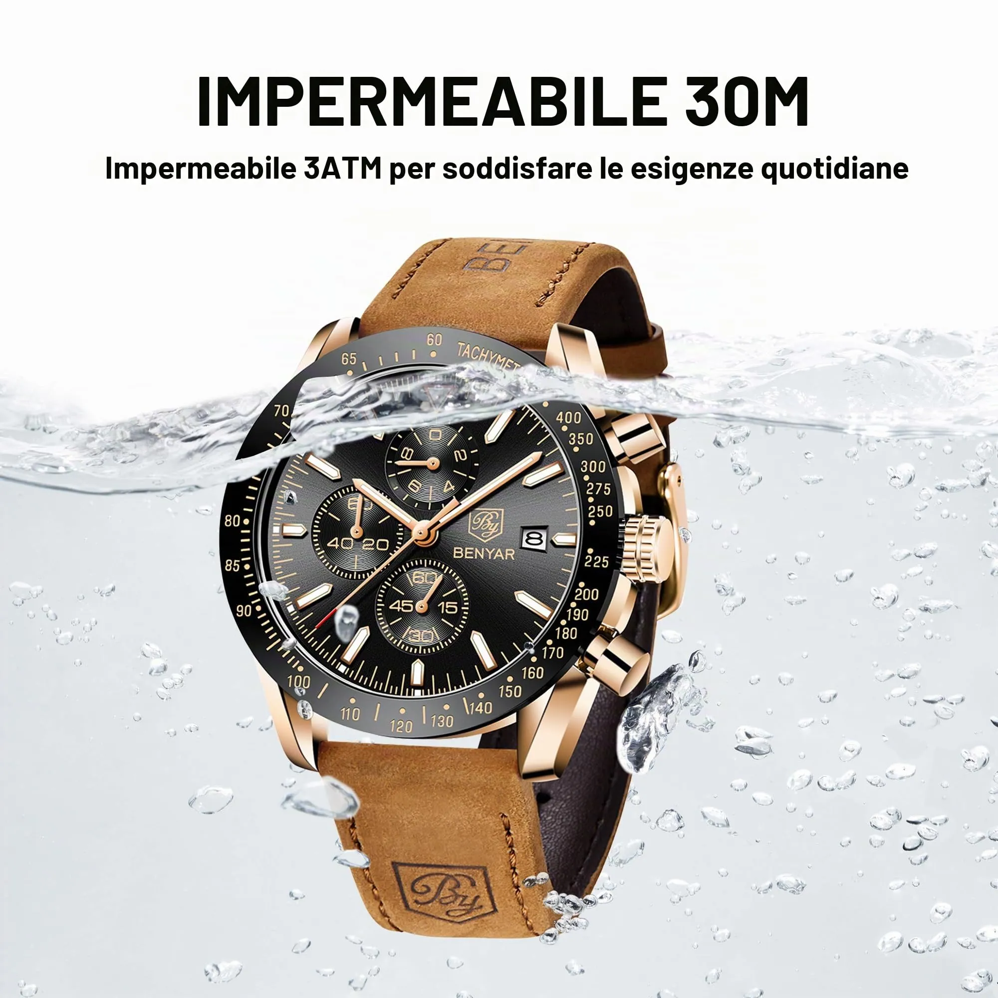 BENYAR Orologio da Uomo Cronografo Analogico al Quarzo Impermeabile LDUS-BY5140, Marrone-oro Nero - immagine 5