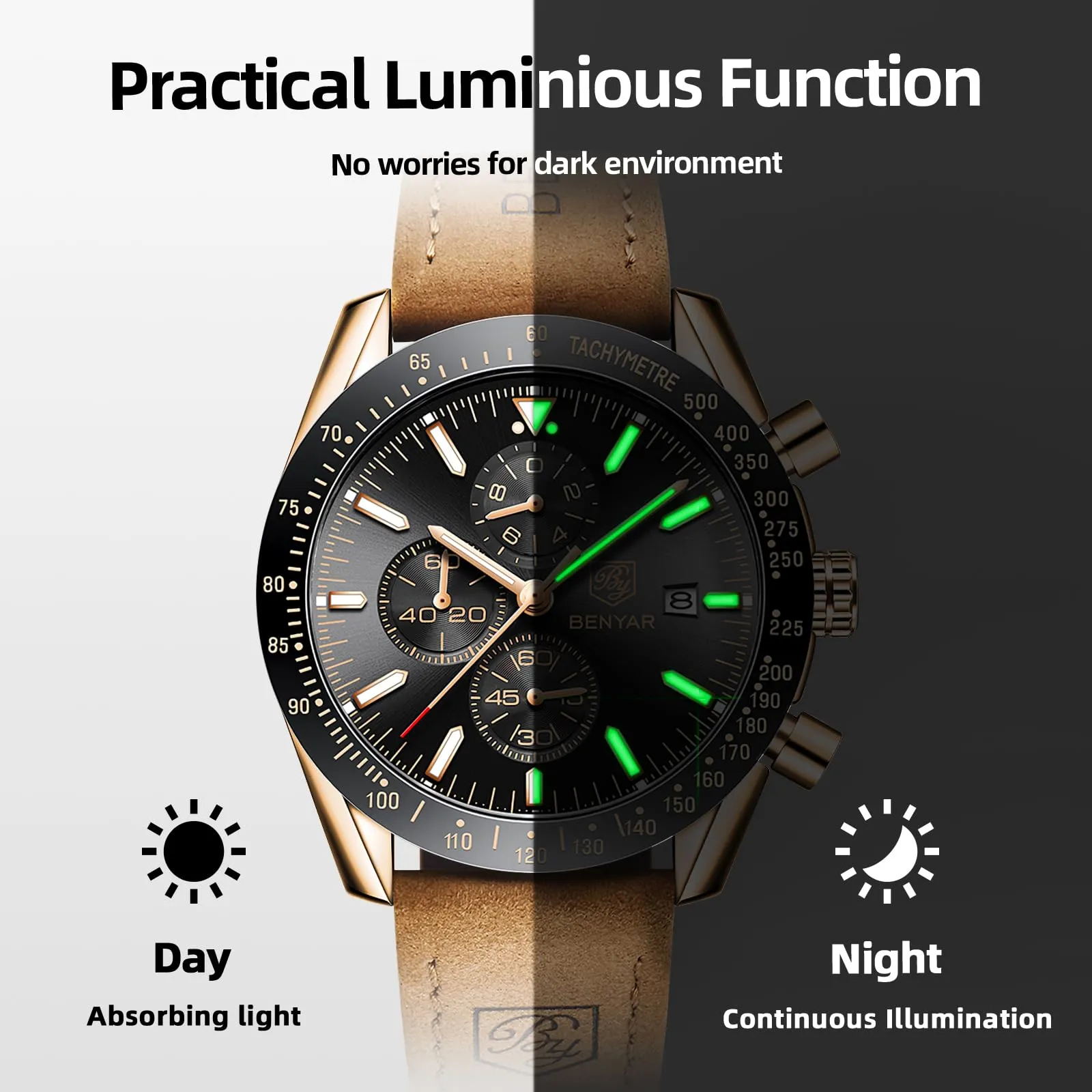 BENYAR Orologio da Uomo Cronografo Analogico al Quarzo Impermeabile LDUS-BY5140, Marrone-oro Nero - immagine 7