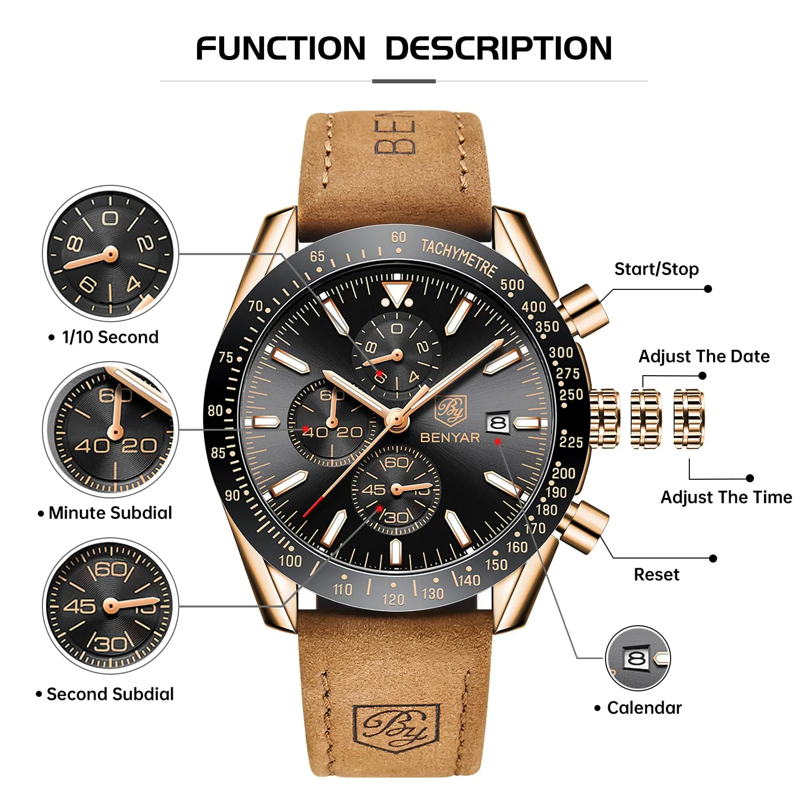BENYAR Orologio da Uomo Cronografo Analogico al Quarzo Impermeabile LDUS-BY5140, Marrone-oro Nero - immagine 8