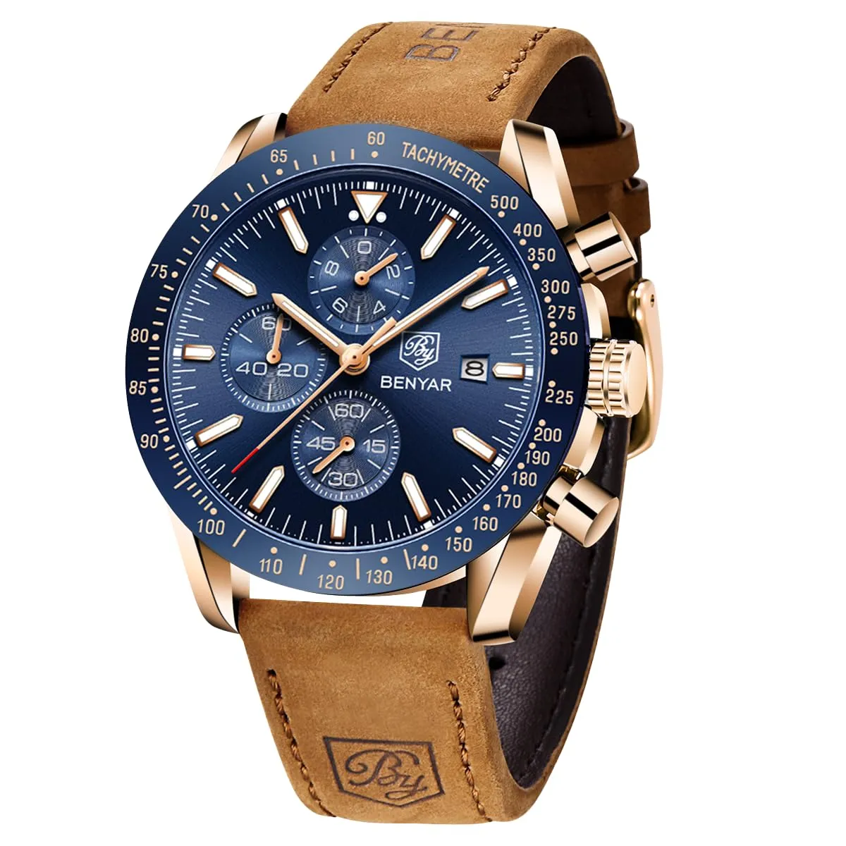 BENYAR Orologio da Uomo Cronografo Analogico al Quarzo LDUS-BY5140, Marrone-oro Blu - immagine 1
