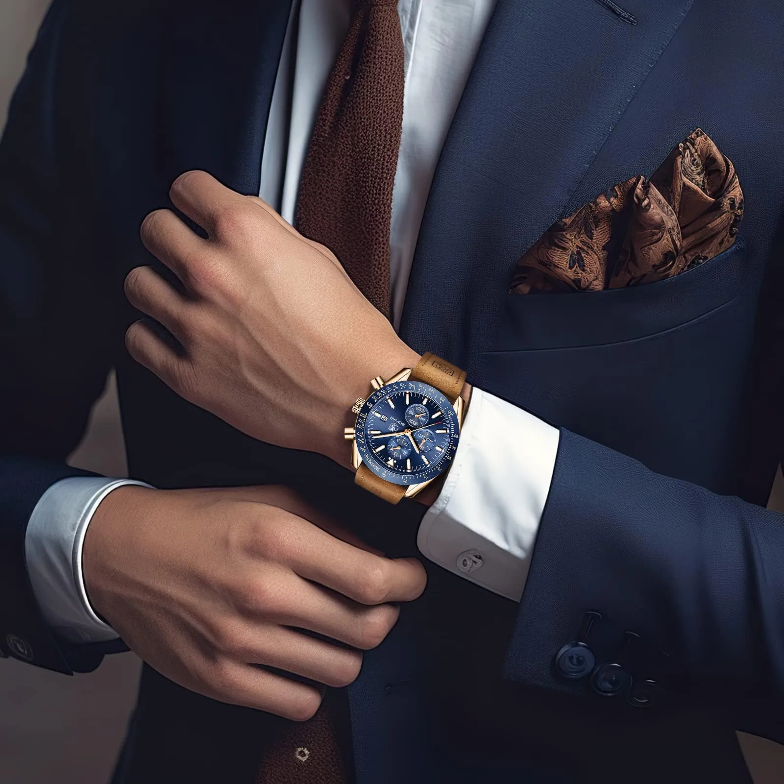 BENYAR Orologio da Uomo Cronografo Analogico al Quarzo LDUS-BY5140, Marrone-oro Blu - immagine 3