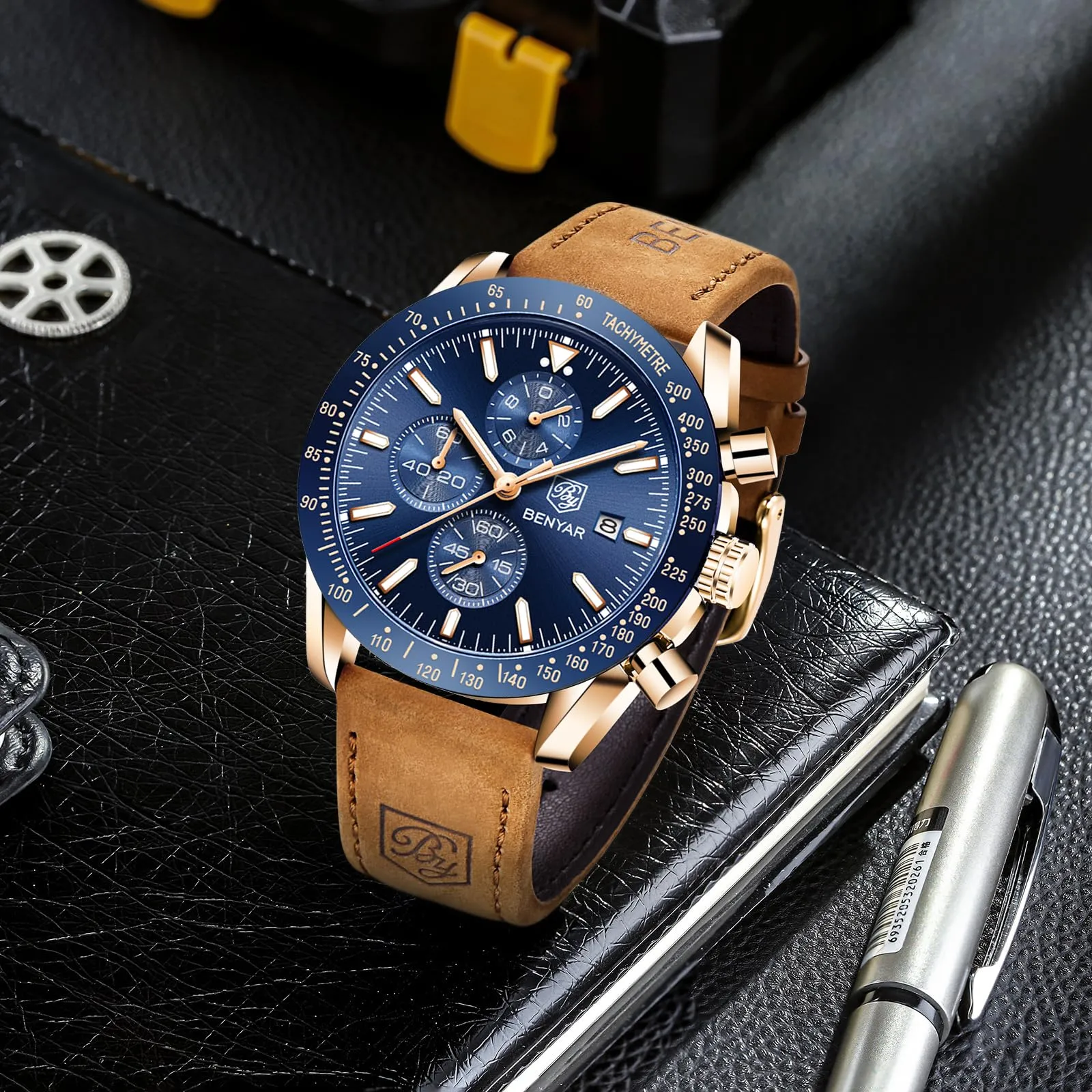 BENYAR Orologio da Uomo Cronografo Analogico al Quarzo LDUS-BY5140, Marrone-oro Blu - immagine 4