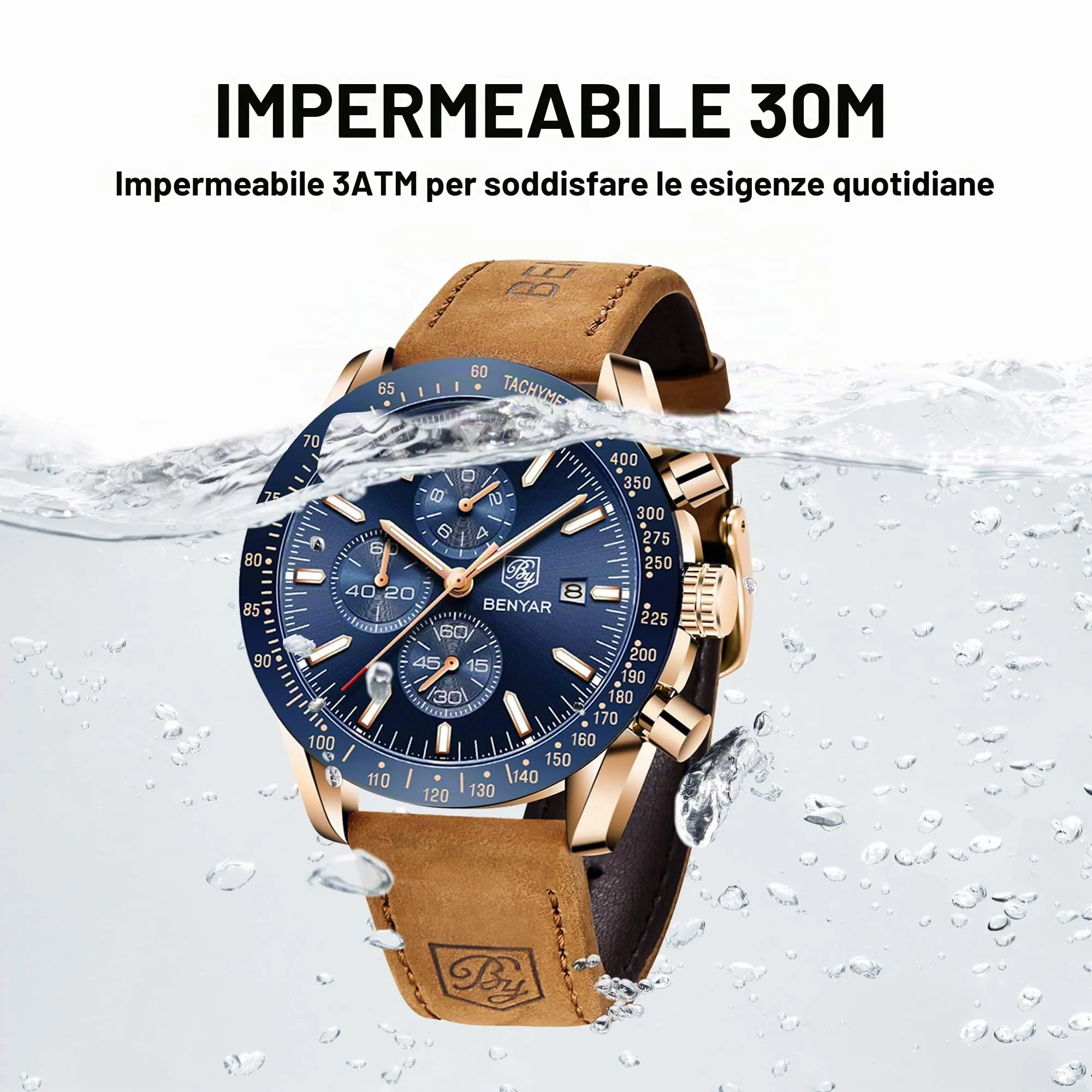 BENYAR Orologio da Uomo Cronografo Analogico al Quarzo LDUS-BY5140, Marrone-oro Blu - immagine 5