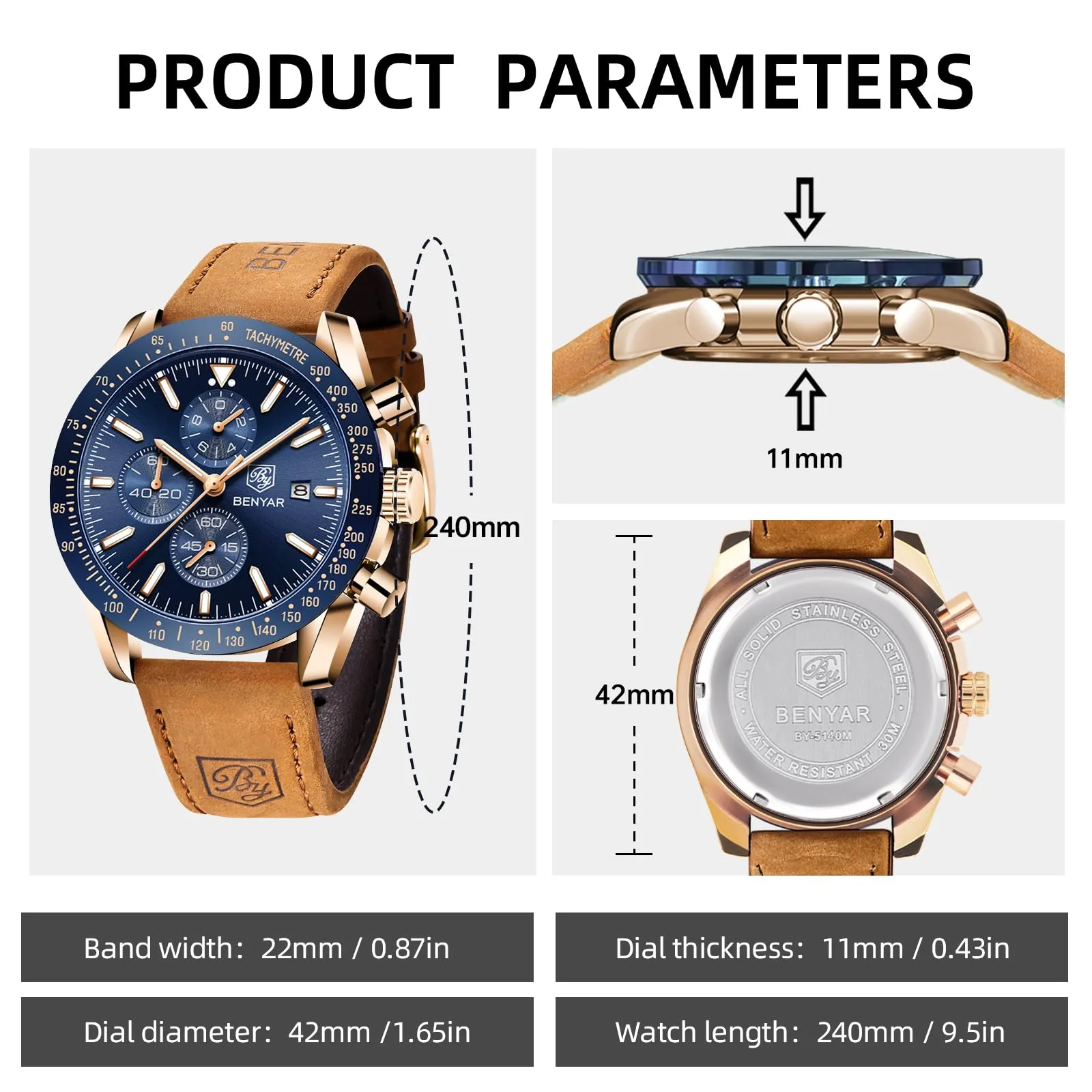 BENYAR Orologio da Uomo Cronografo Analogico al Quarzo LDUS-BY5140, Marrone-oro Blu - immagine 6
