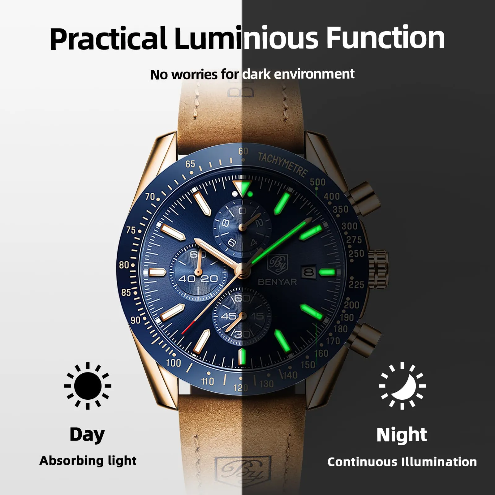 BENYAR Orologio da Uomo Cronografo Analogico al Quarzo LDUS-BY5140, Marrone-oro Blu - immagine 7