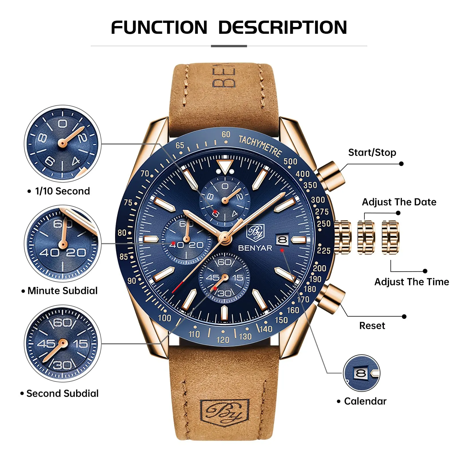 BENYAR Orologio da Uomo Cronografo Analogico al Quarzo LDUS-BY5140, Marrone-oro Blu - immagine 8