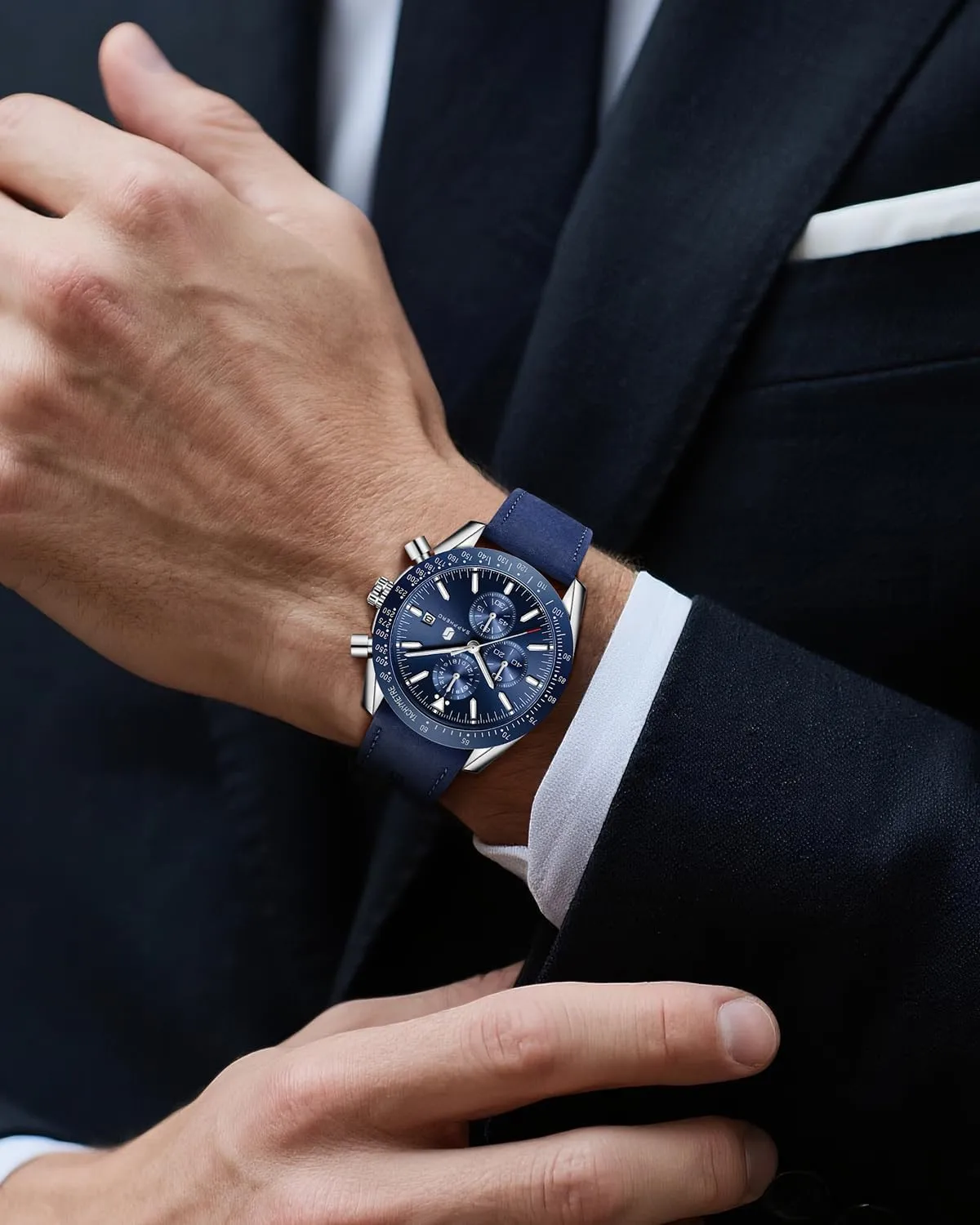 BENYAR Orologio da Uomo Cronografo Analogico al Quarzo Impermeabile, Cinturino Blu e Cassa Argentata - immagine 3