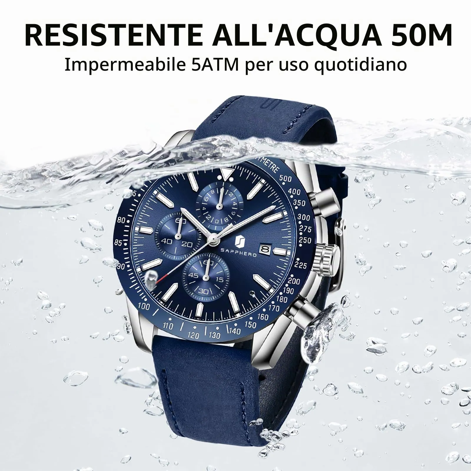 BENYAR Orologio da Uomo Cronografo Analogico al Quarzo Impermeabile, Cinturino Blu e Cassa Argentata - immagine 5