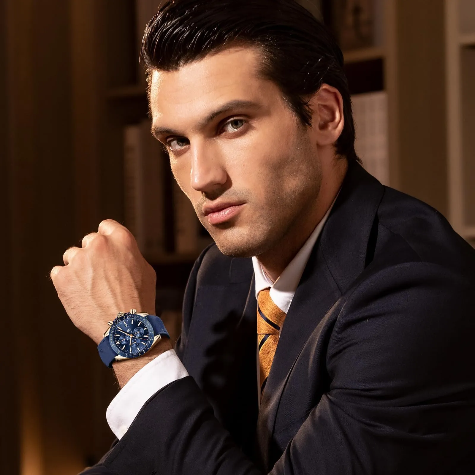 BENYAR Orologio da Uomo Cronografo Analogico al Quarzo LDSO2218-4, Cinturino Blu, Quadrante Blu, Cassa Dorata - immagine 2