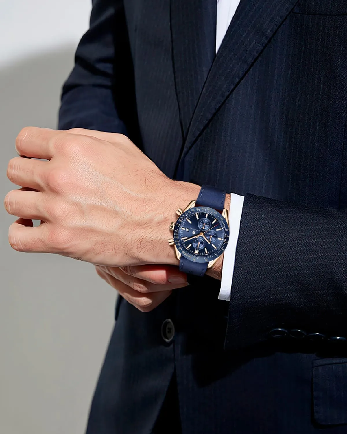 BENYAR Orologio da Uomo Cronografo Analogico al Quarzo LDSO2218-4, Cinturino Blu, Quadrante Blu, Cassa Dorata - immagine 3