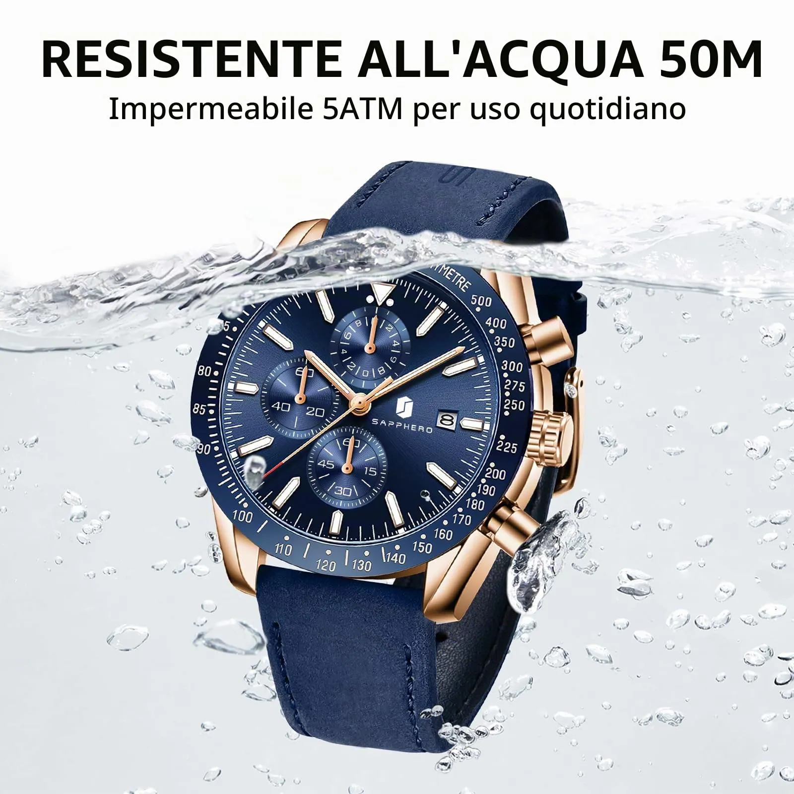 BENYAR Orologio da Uomo Cronografo Analogico al Quarzo LDSO2218-4, Cinturino Blu, Quadrante Blu, Cassa Dorata - immagine 5