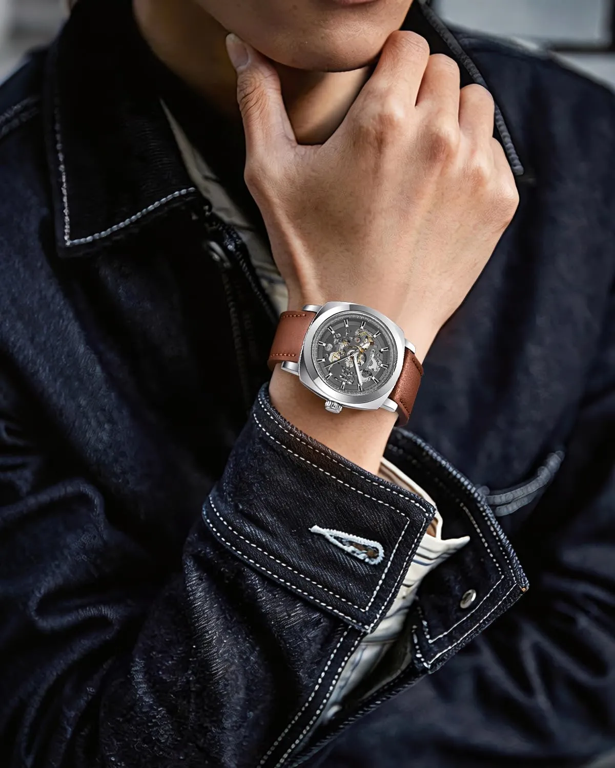 Benyar 5121 Orologio da Uomo Meccanico Automatico con Quadrante Scheletrato e Cinturino in Vera Pelle - immagine 3