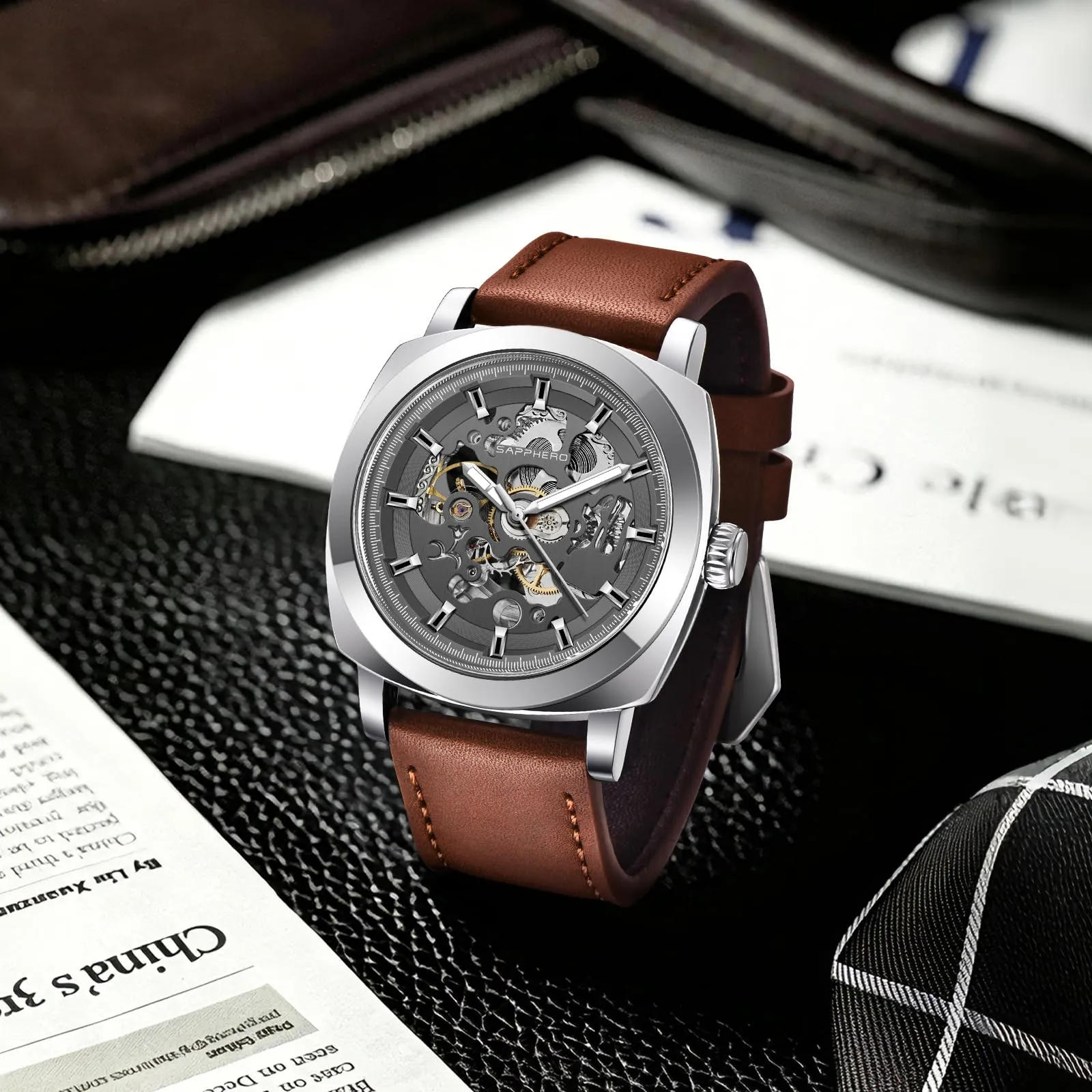 Benyar 5121 Orologio da Uomo Meccanico Automatico con Quadrante Scheletrato e Cinturino in Vera Pelle - immagine 4