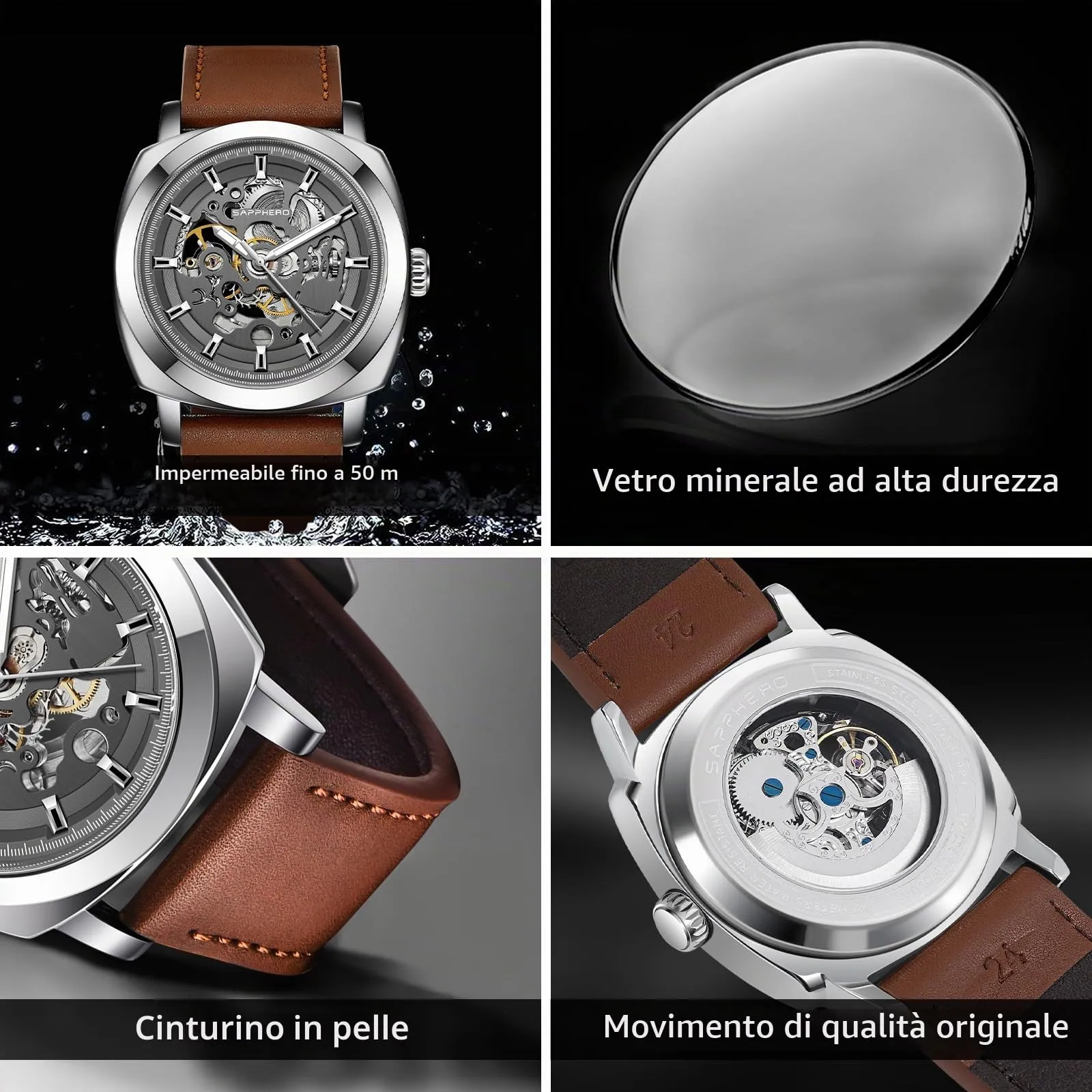 Benyar 5121 Orologio da Uomo Meccanico Automatico con Quadrante Scheletrato e Cinturino in Vera Pelle - immagine 5