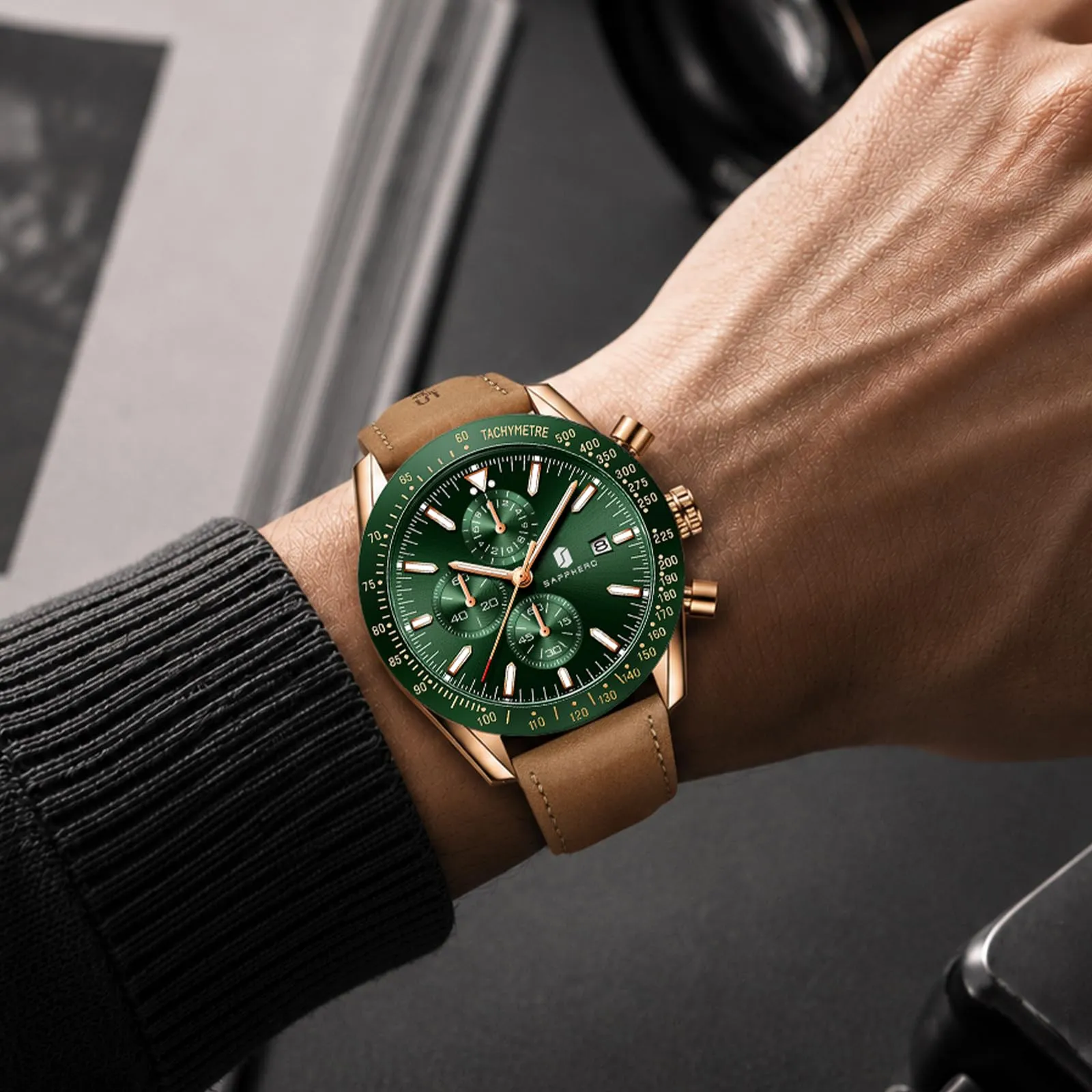 BENYAR Orologio da Uomo Cronografo Analogico al Quarzo Impermeabile CTSO2218 Marrone Oro Verde - immagine 3
