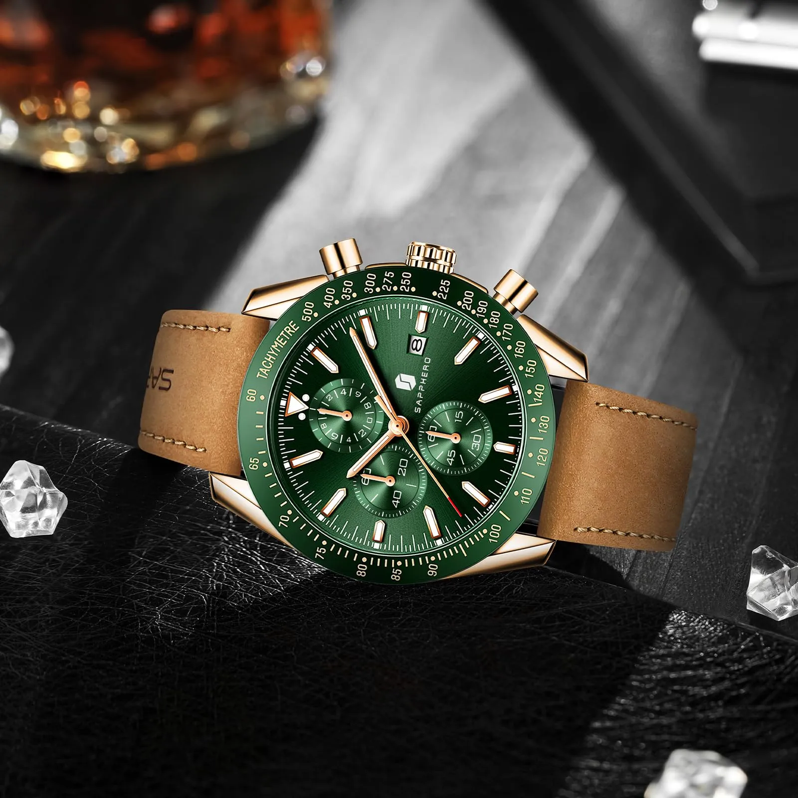 BENYAR Orologio da Uomo Cronografo Analogico al Quarzo Impermeabile CTSO2218 Marrone Oro Verde - immagine 4