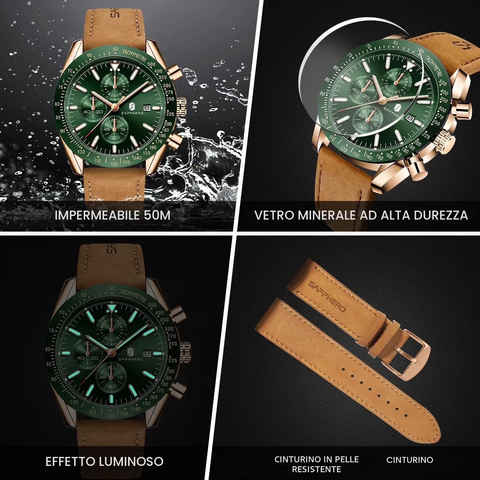 BENYAR Orologio da Uomo Cronografo Analogico al Quarzo Impermeabile CTSO2218 Marrone Oro Verde - immagine 6