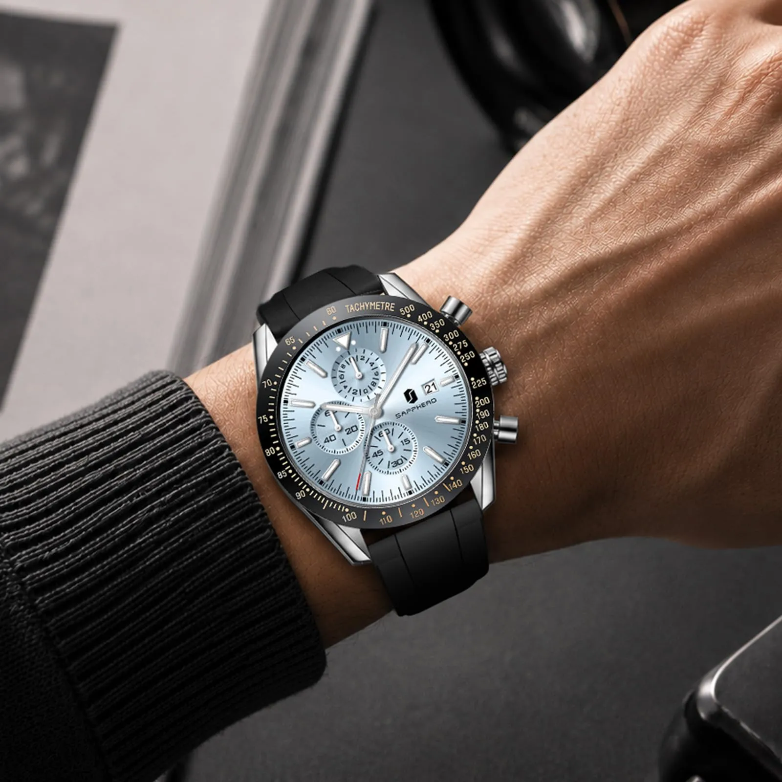 BENYAR Orologio da Uomo Cronografo Analogico al Quarzo Impermeabile, Nero Argento Azzurro - immagine 3