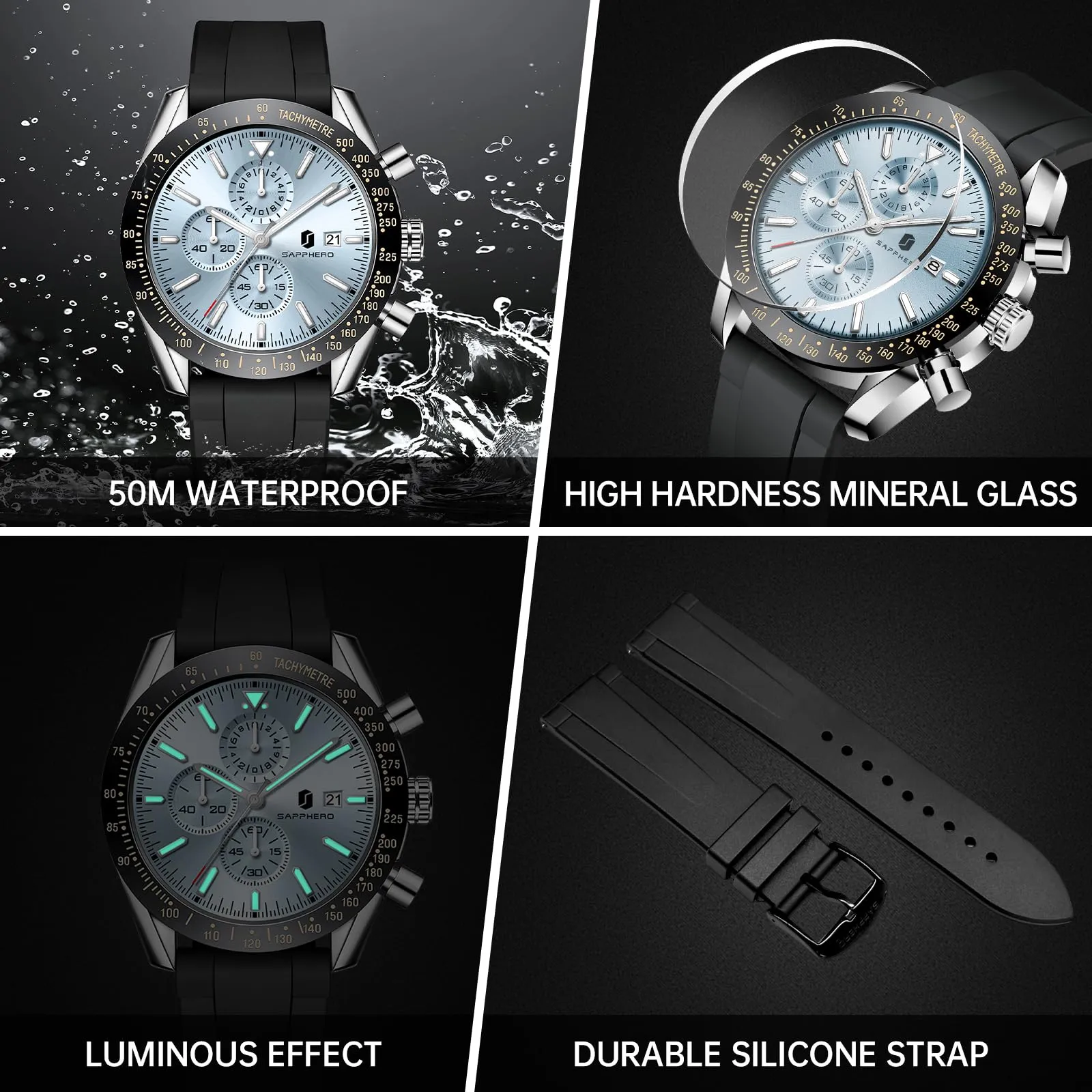 BENYAR Orologio da Uomo Cronografo Analogico al Quarzo Impermeabile, Nero Argento Azzurro - immagine 5