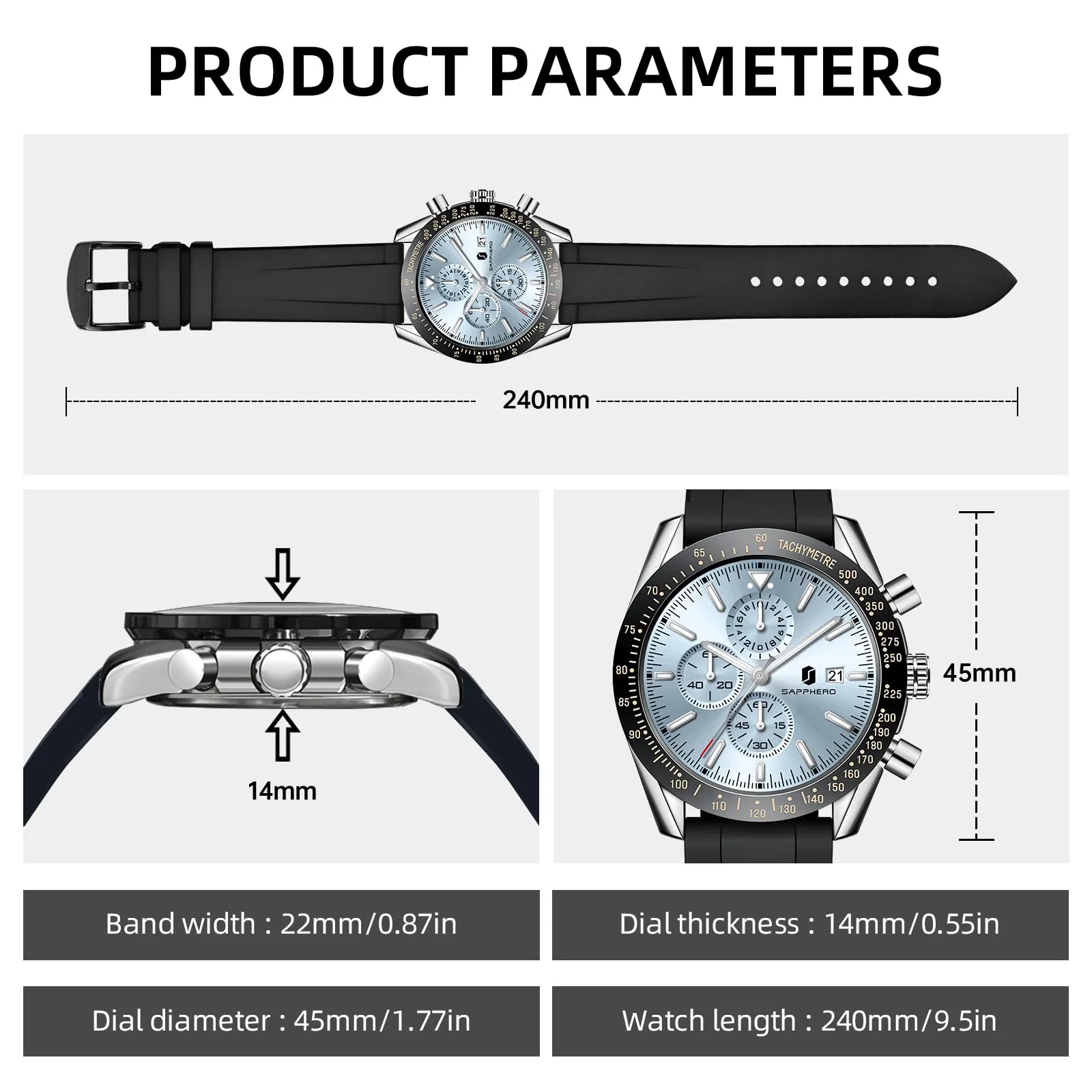 BENYAR Orologio da Uomo Cronografo Analogico al Quarzo Impermeabile, Nero Argento Azzurro - immagine 6