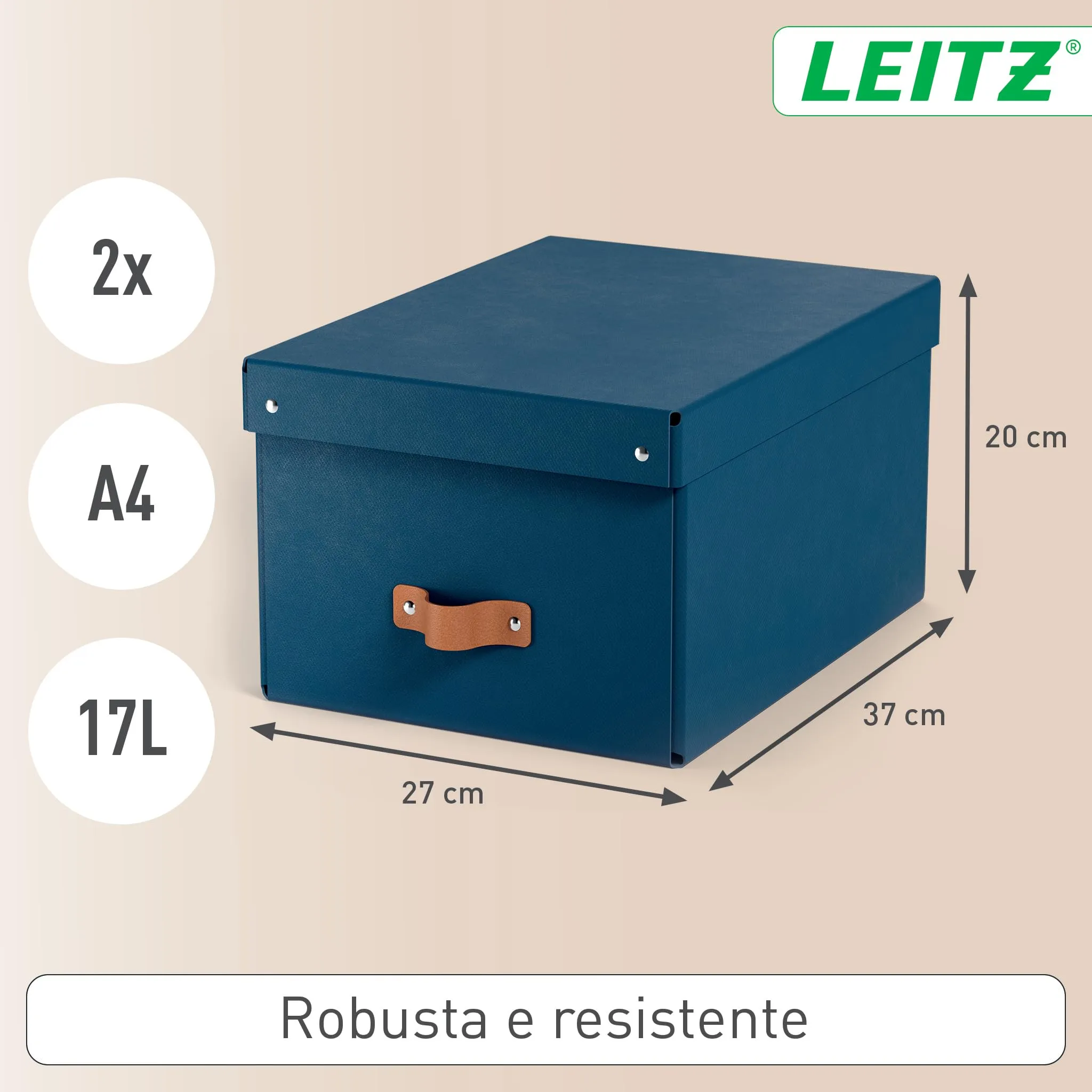 Leitz Puro Set di 2 Scatole Portaoggetti Medie con Coperchio, 17 Litri, 27 x 37 x 20 cm, Blu Marino, 61490068 - immagine 4