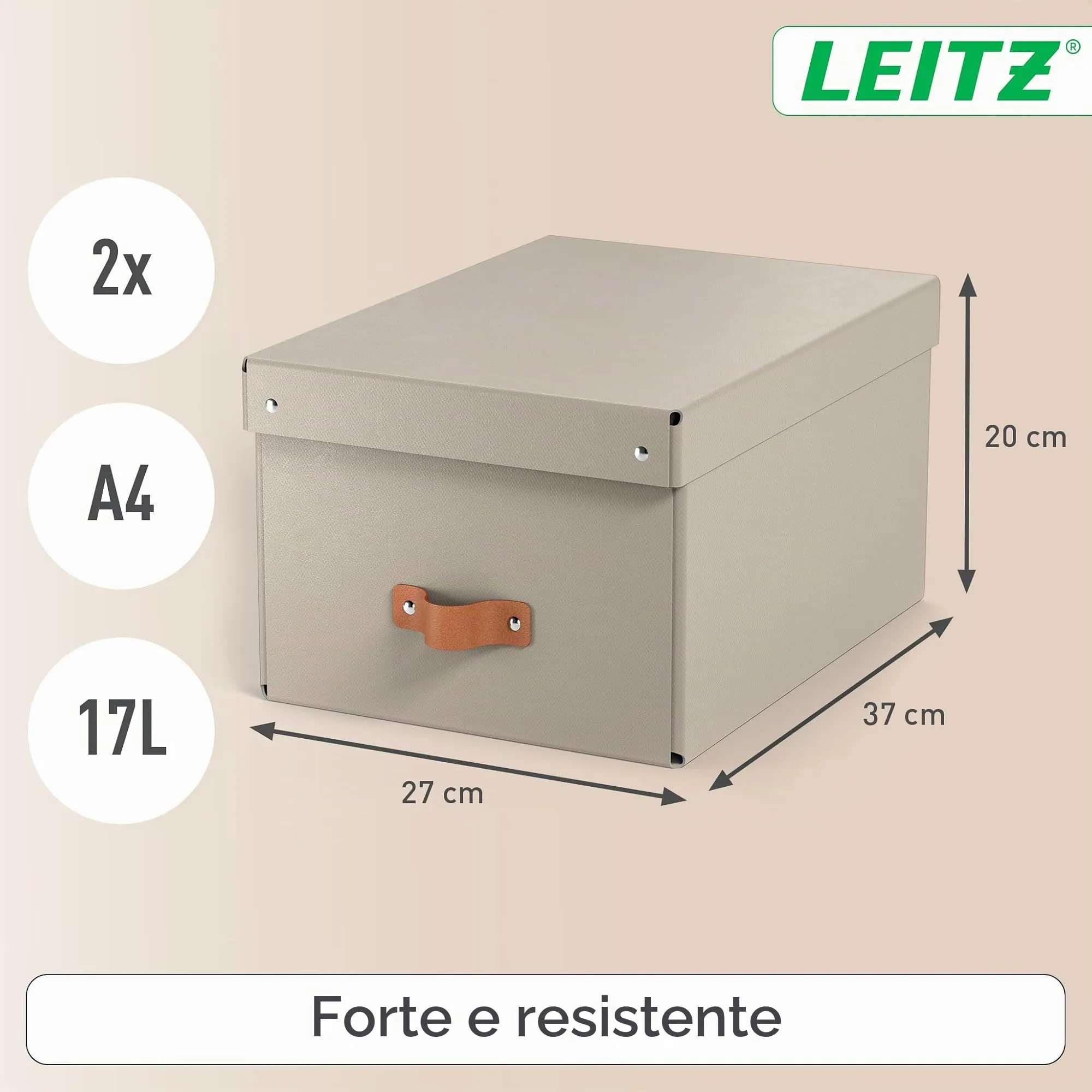 Leitz Puro Set di 2 Scatole portaoggetti medie con Coperchio, 17 litri, 27 x 37 x 20 cm, Tortora - immagine 3