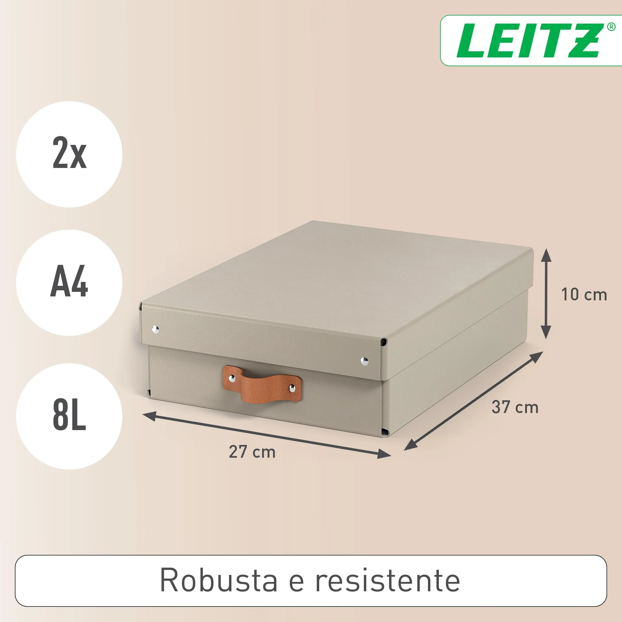 Leitz Puro, Set di 2 Scatole Portaoggetti Medie Basse con Coperchio, 8 Litri, 27 x 37 x 10 cm, Tortora, 61480012 - immagine 5