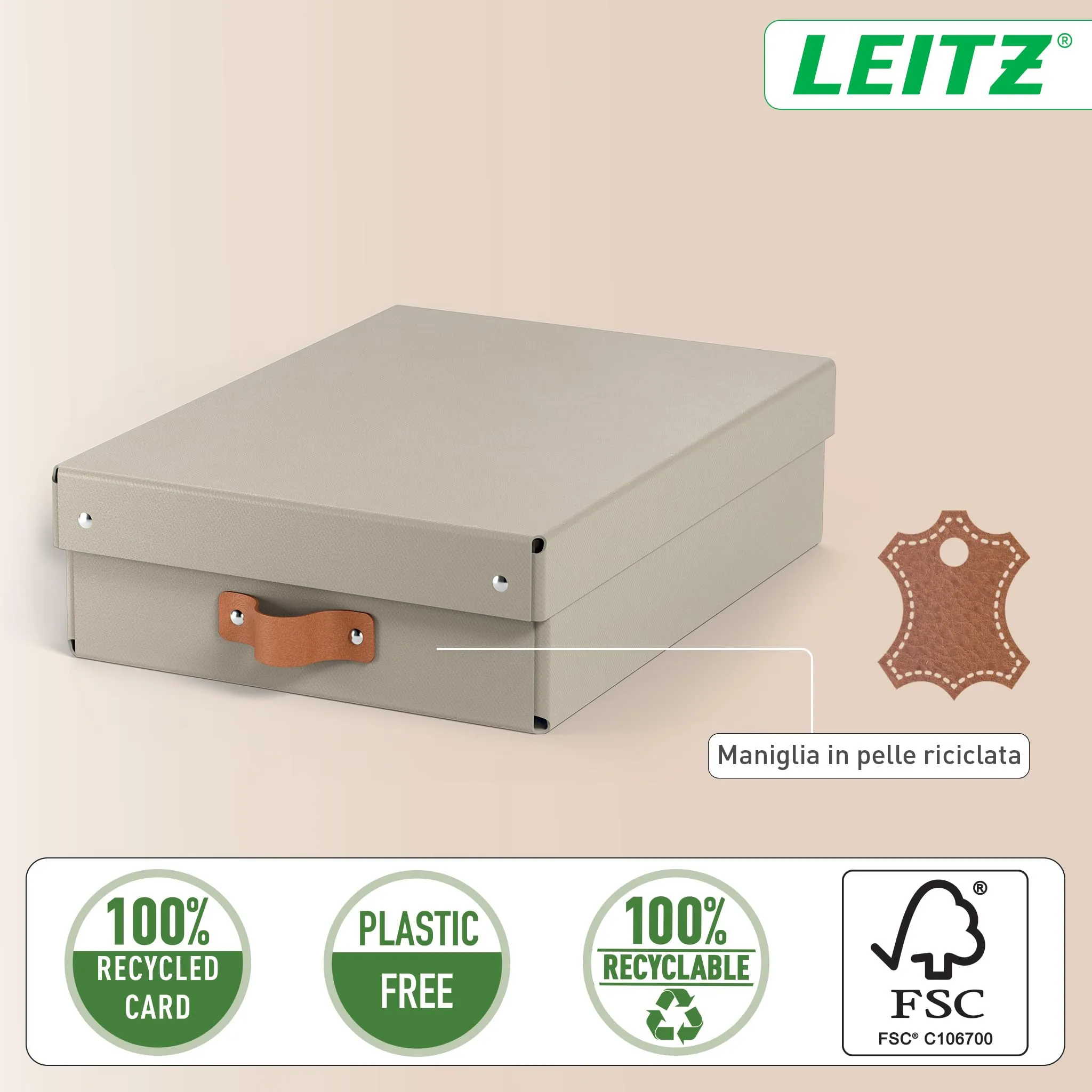 Leitz Puro, Set di 2 Scatole Portaoggetti Medie Basse con Coperchio, 8 Litri, 27 x 37 x 10 cm, Tortora, 61480012 - immagine 6