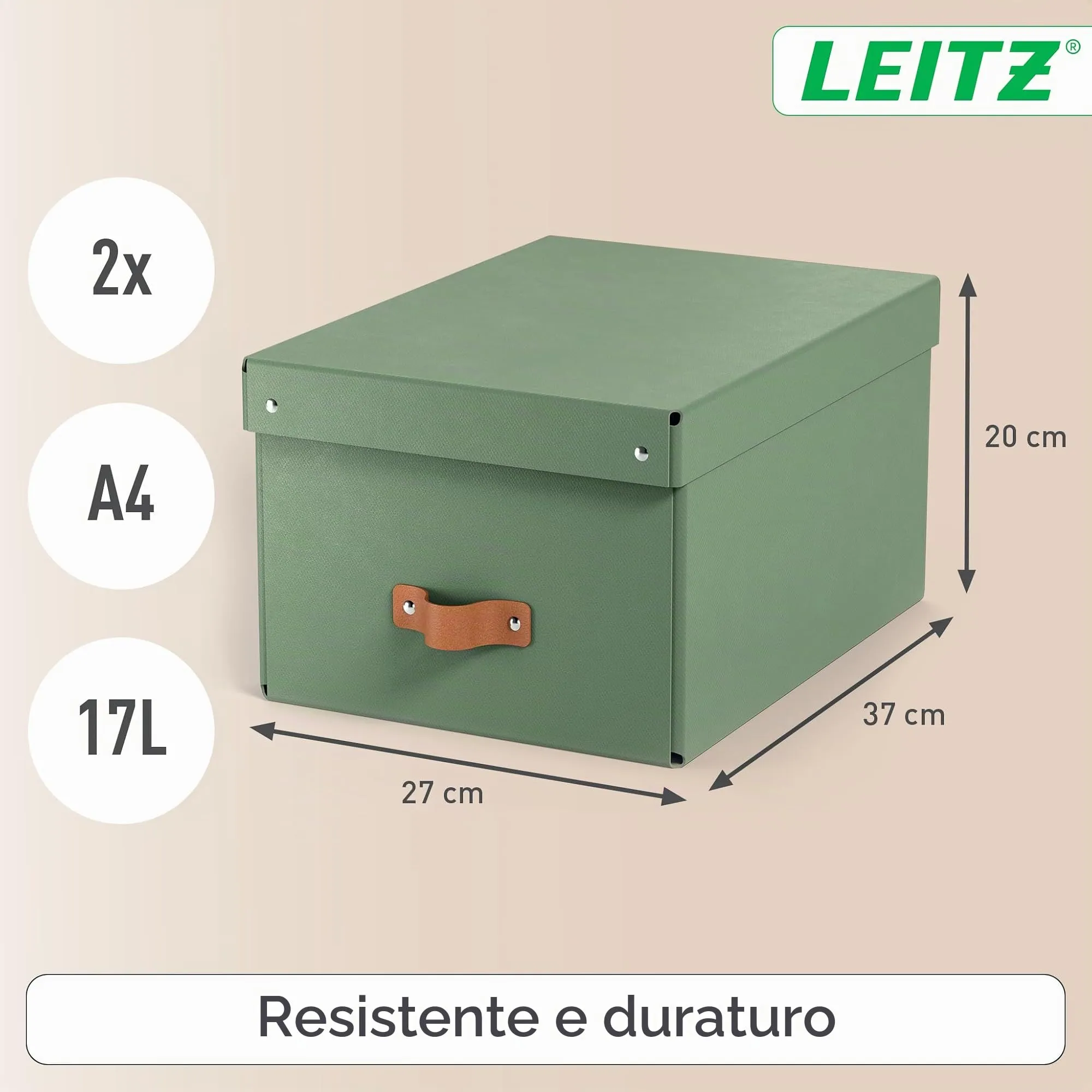 Leitz Puro Set di 2 Scatole Portaoggetti Medie con Coperchio, 17 Litri, 27 x 37 x 20 cm, Verde Malva - immagine 4