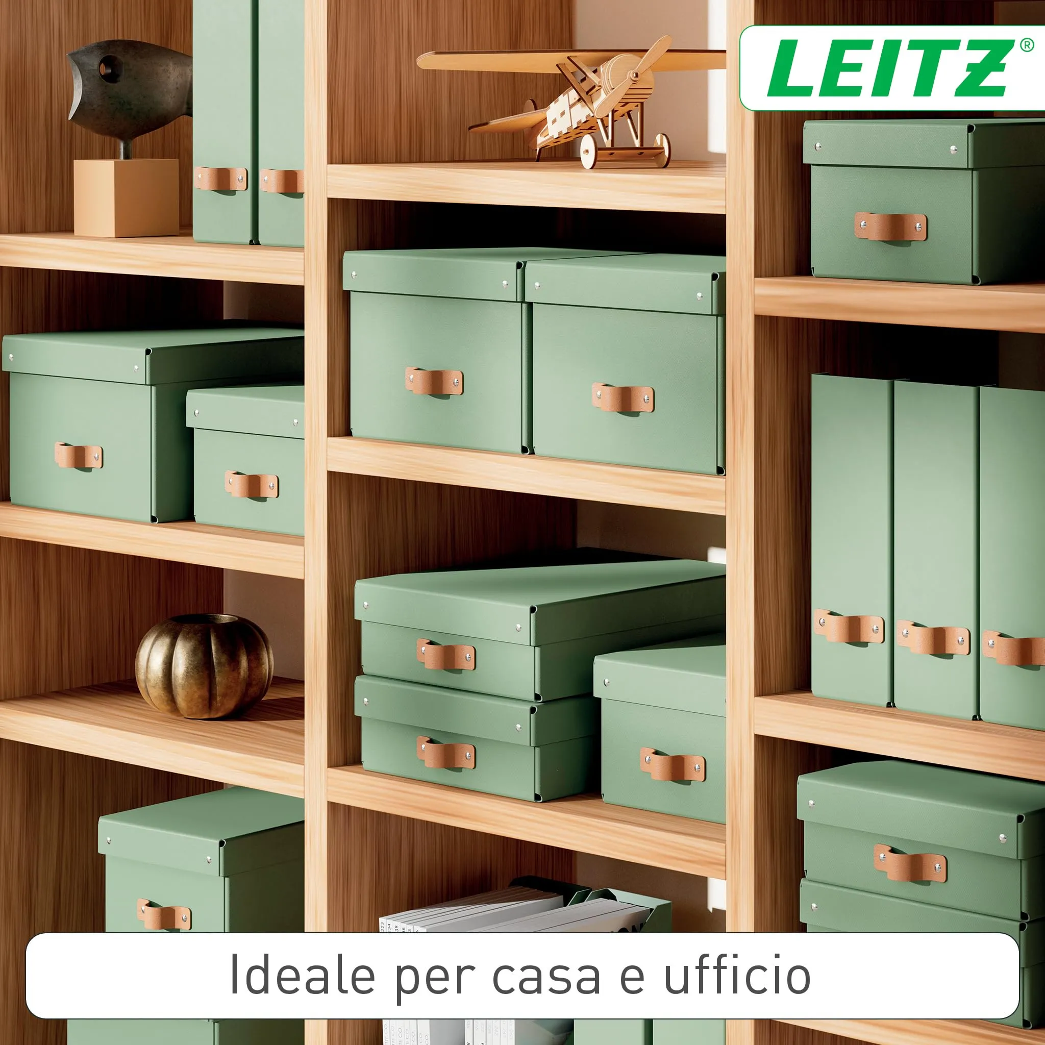 Leitz Puro, Set di 2 Scatole Portaoggetti Medie Basse con Coperchio, 8 Litri, 27 x 37 x 10 cm, Verde Malva, 61480050 - immagine 2