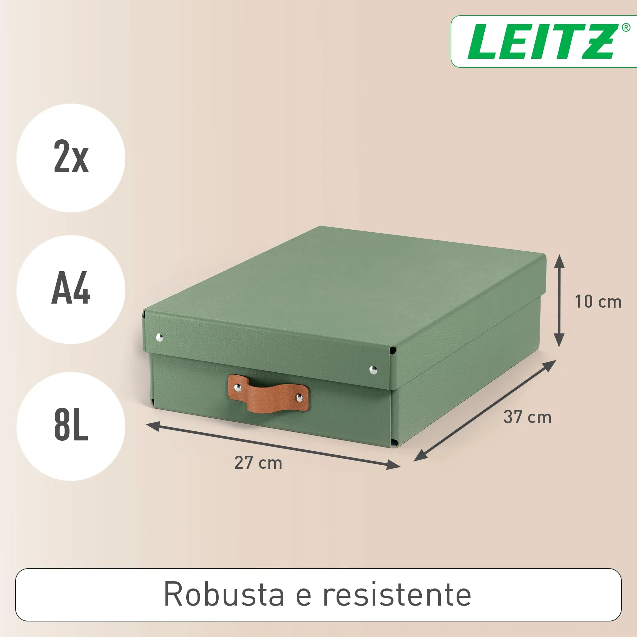 Leitz Puro, Set di 2 Scatole Portaoggetti Medie Basse con Coperchio, 8 Litri, 27 x 37 x 10 cm, Verde Malva, 61480050 - immagine 4