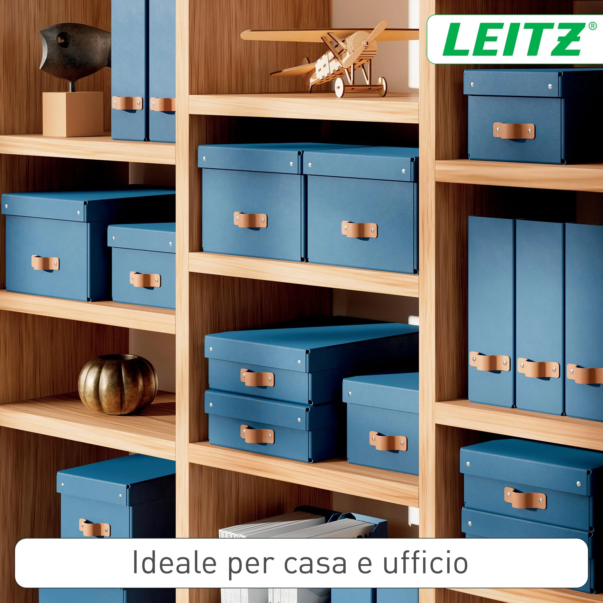 Leitz Puro Set di 2 Scatole Portaoggetti con Coperchio, Medie Basse, 8 Litri, 27 x 37 x 10 cm, Blu Marino - immagine 3
