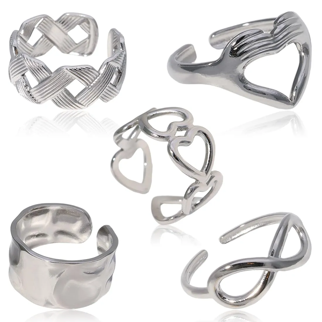 AFCJLTO Set 5 Anelli Donna in Acciaio Inossidabile Boho Minimalisti Impilabili Argento Regolabili - immagine 1