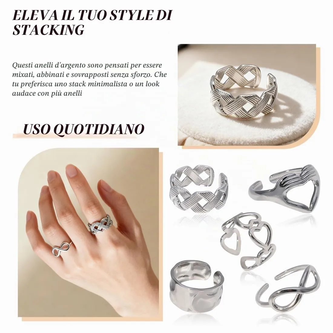 AFCJLTO Set 5 Anelli Donna in Acciaio Inossidabile Boho Minimalisti Impilabili Argento Regolabili - immagine 2