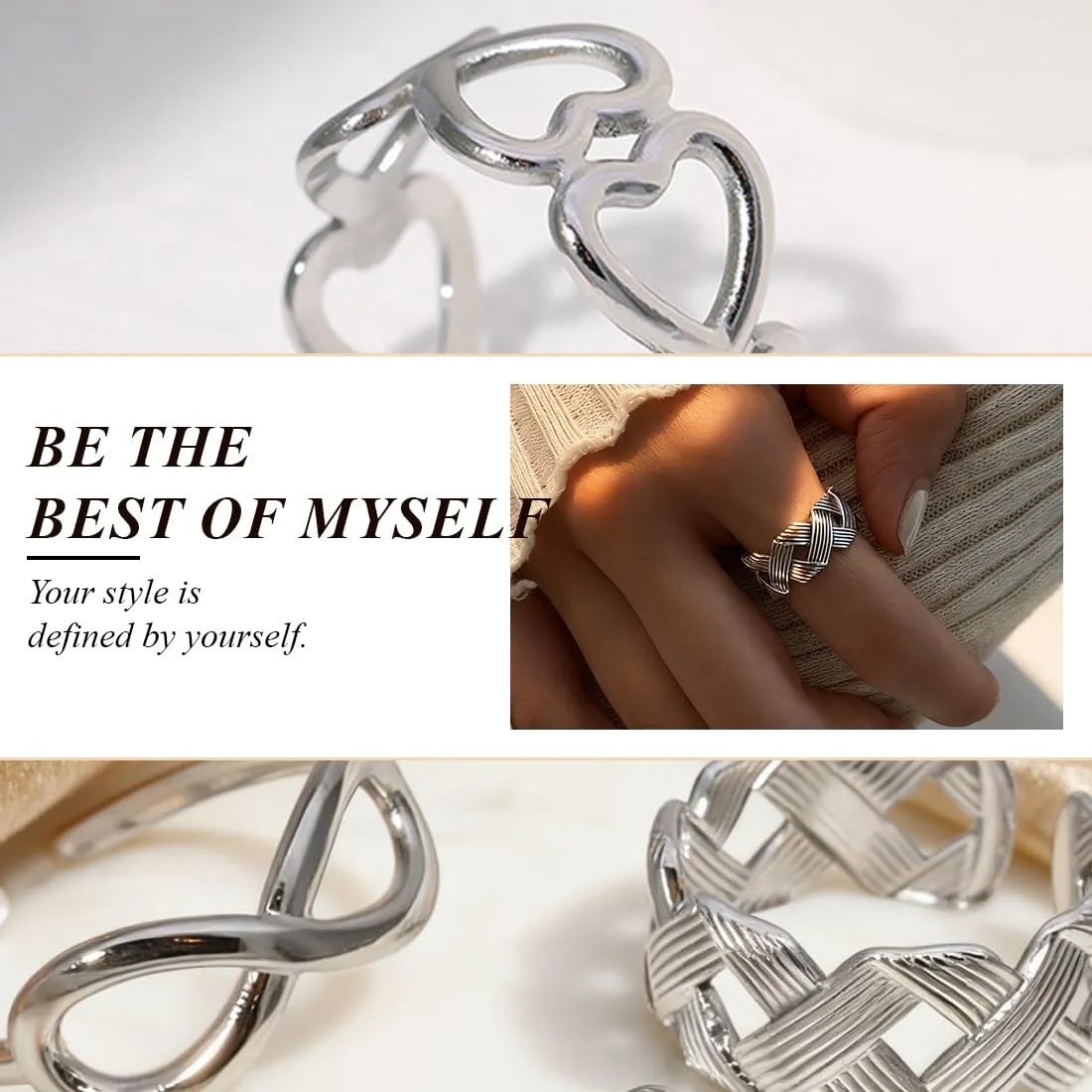 AFCJLTO Set 5 Anelli Donna in Acciaio Inossidabile Boho Minimalisti Impilabili Argento Regolabili - immagine 3