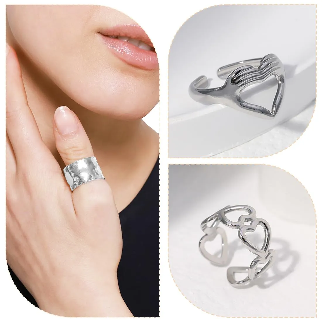 AFCJLTO Set 5 Anelli Donna in Acciaio Inossidabile Boho Minimalisti Impilabili Argento Regolabili - immagine 4