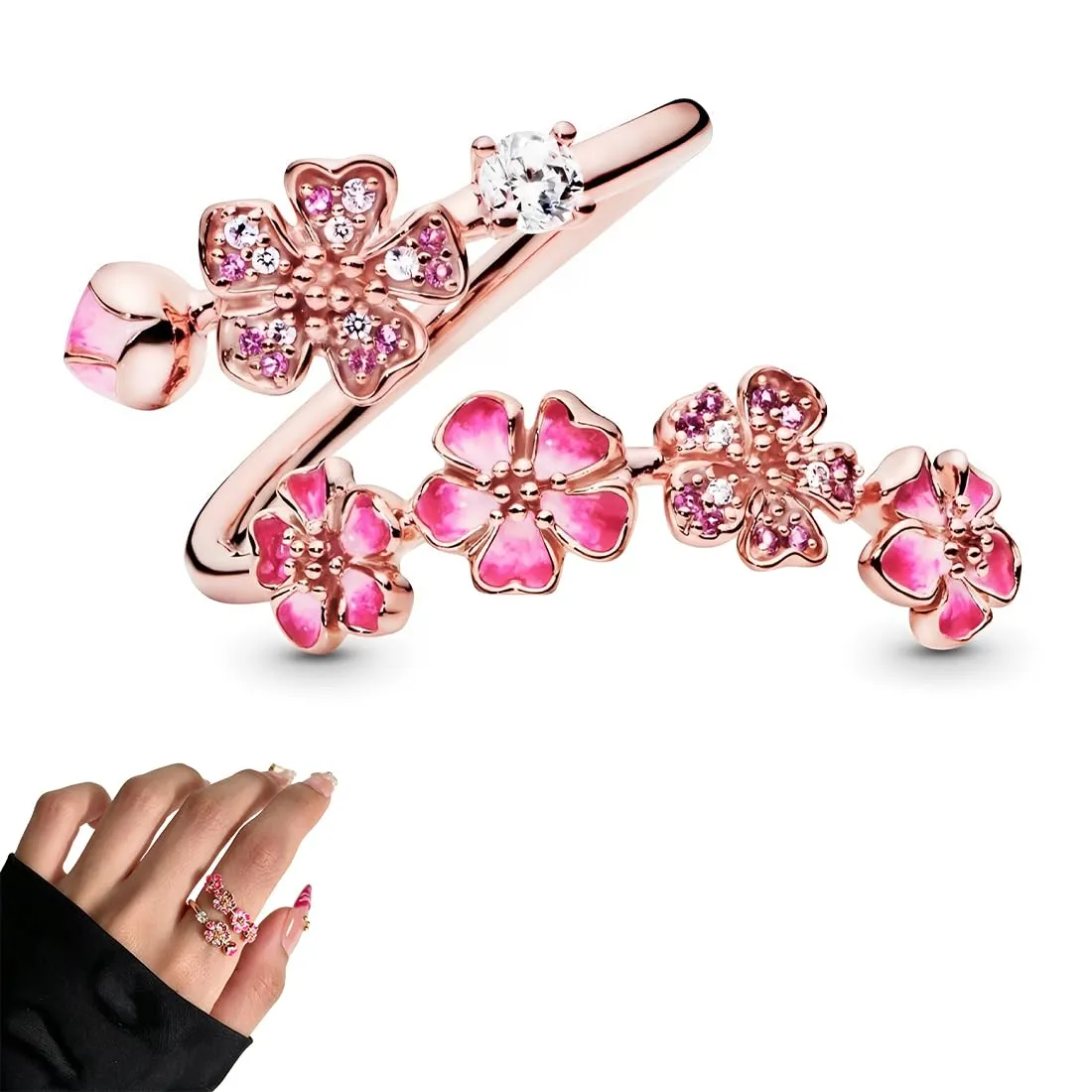 PHYNDR Anello Fiore di Pesco regolabile da donna in metallo, Diamanti Rosa - immagine 1