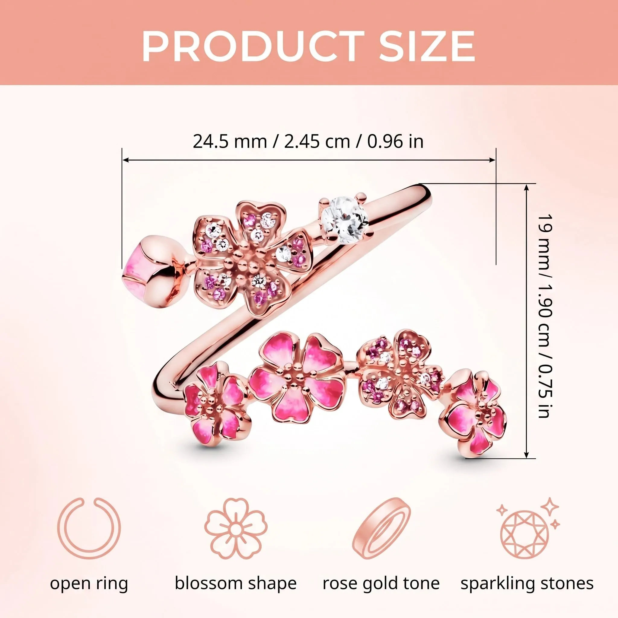 PHYNDR Anello Fiore di Pesco regolabile da donna in metallo, Diamanti Rosa - immagine 2