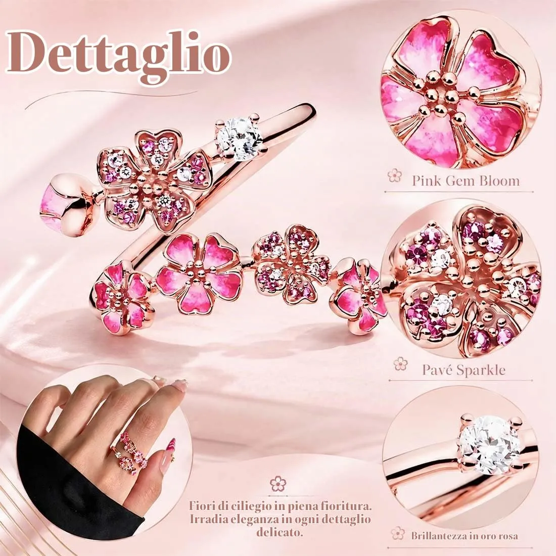 PHYNDR Anello Fiore di Pesco regolabile da donna in metallo, Diamanti Rosa - immagine 3