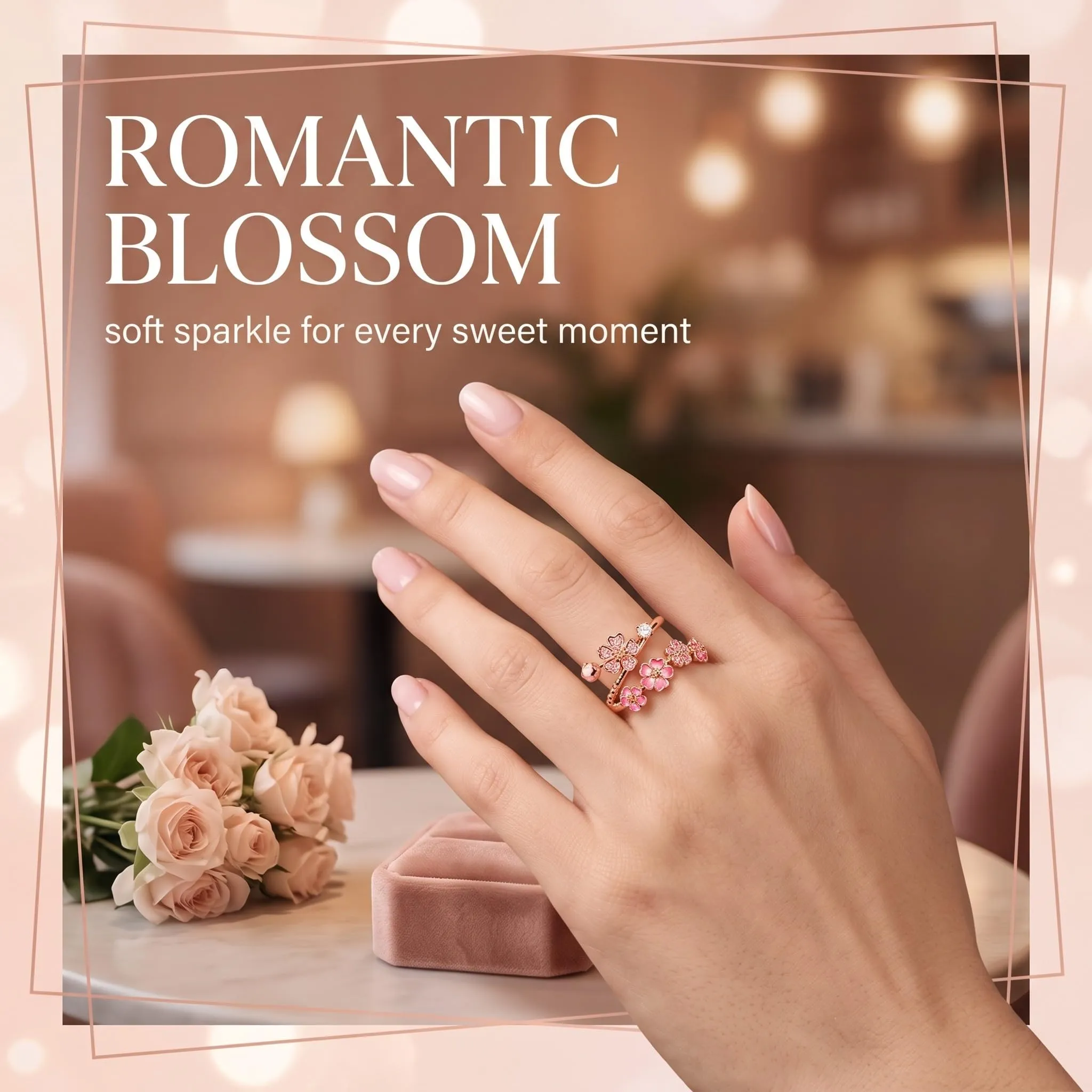 PHYNDR Anello Fiore di Pesco regolabile da donna in metallo, Diamanti Rosa - immagine 4