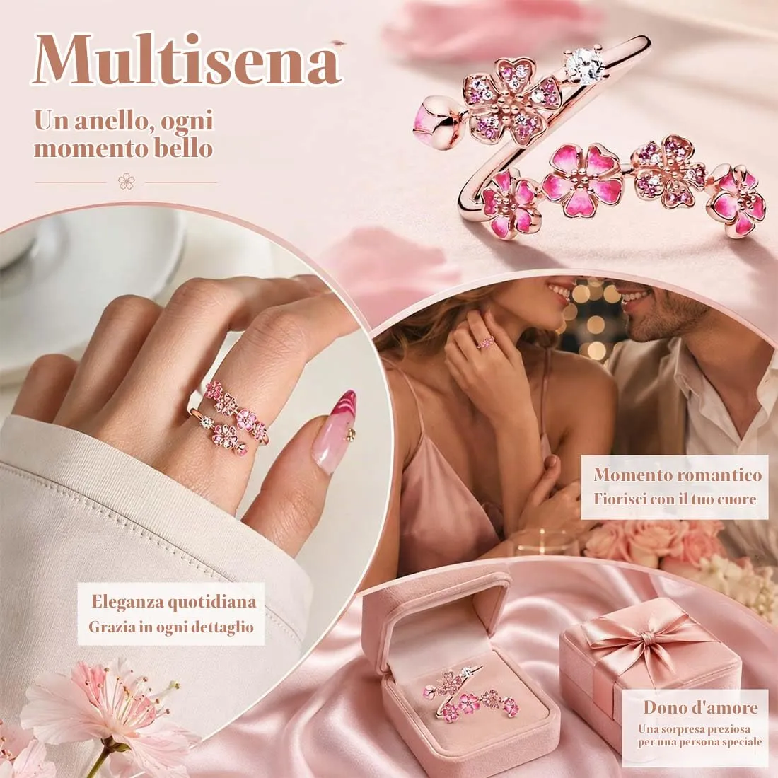 PHYNDR Anello Fiore di Pesco regolabile da donna in metallo, Diamanti Rosa - immagine 7