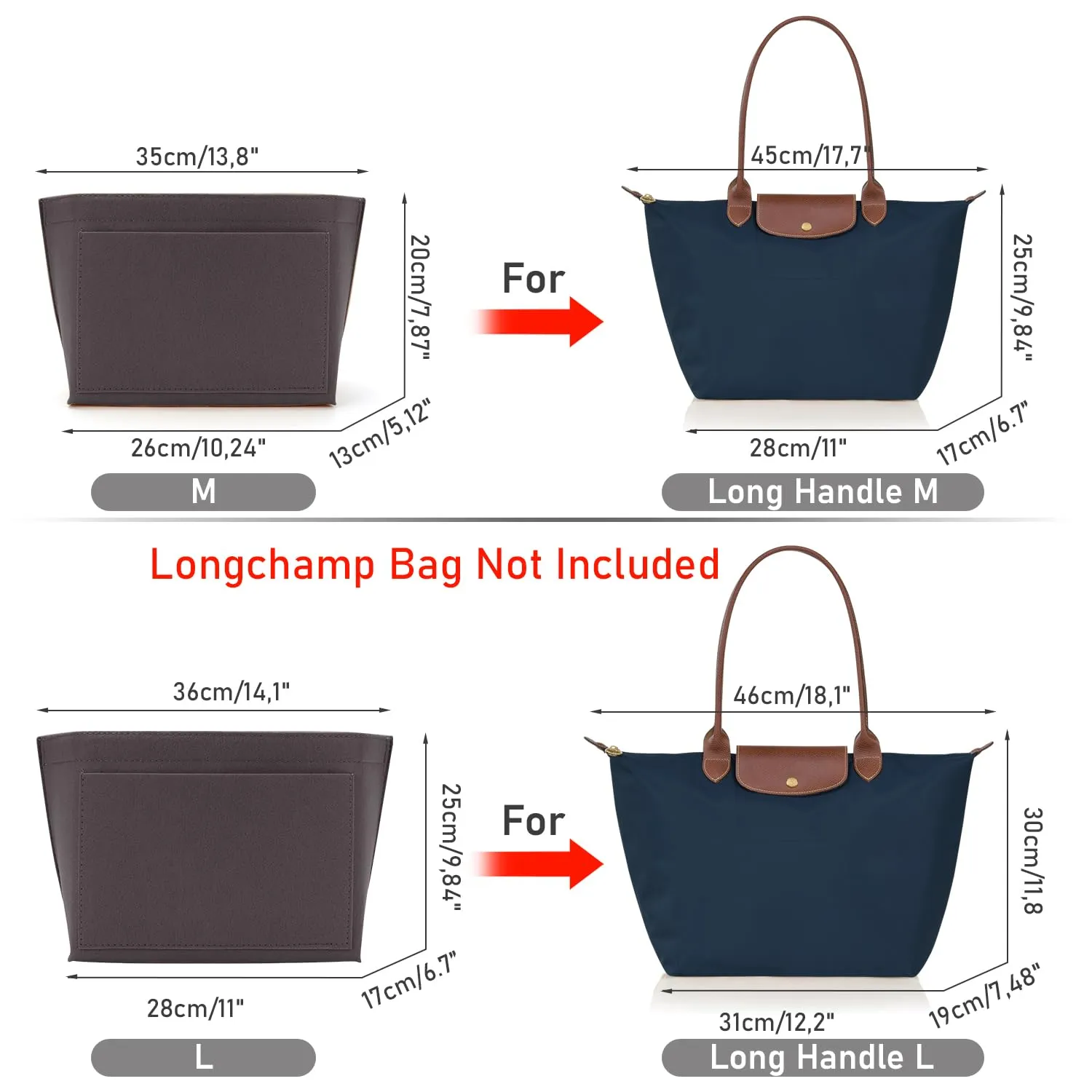 ZOLGINAH Organizer in Feltro per Borsa Longchamp, Grigio Scuro, L - immagine 2