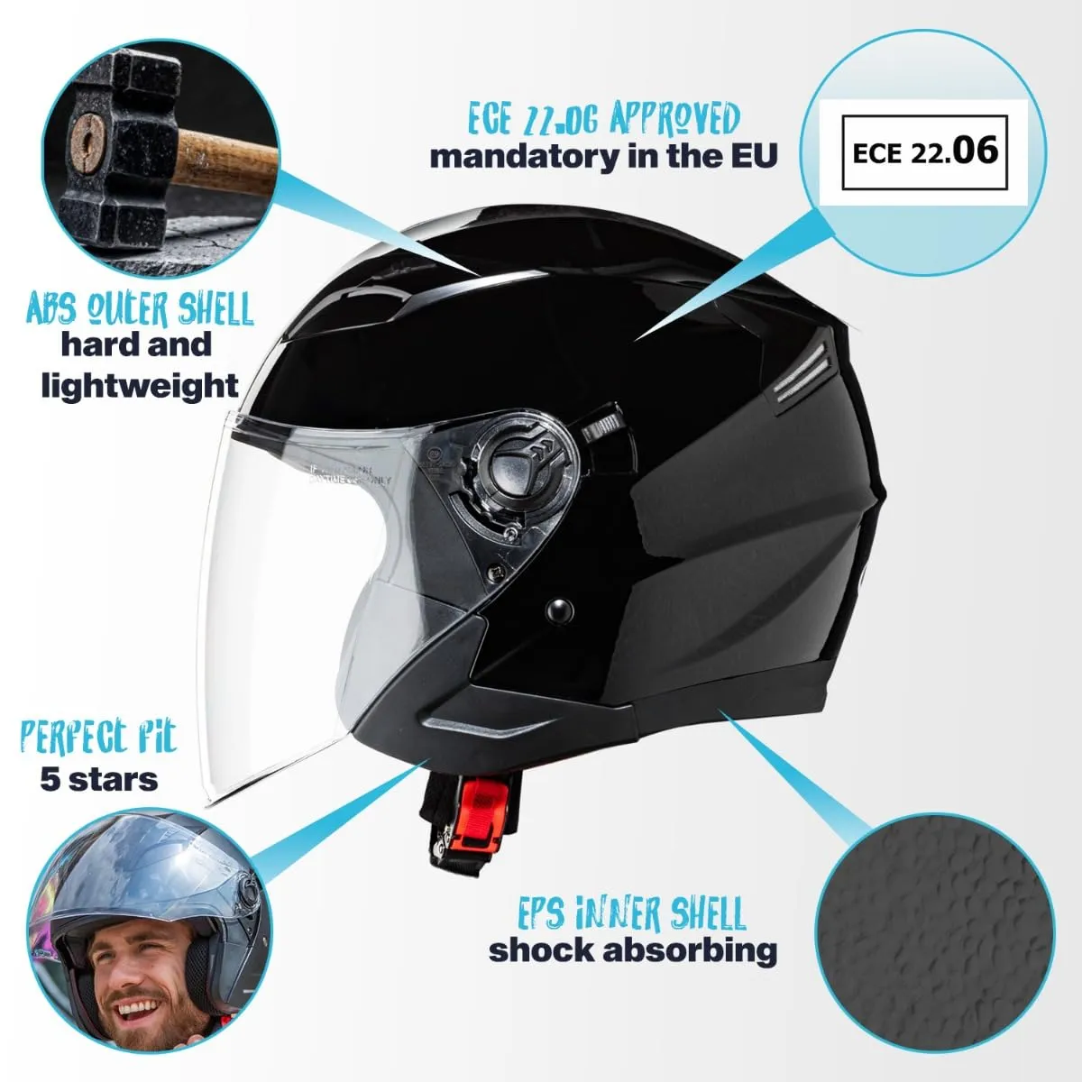 Vinz Calobra Casco Jet Doppia Visiera ECE 22.06 - Nero, Taglia L - immagine 4