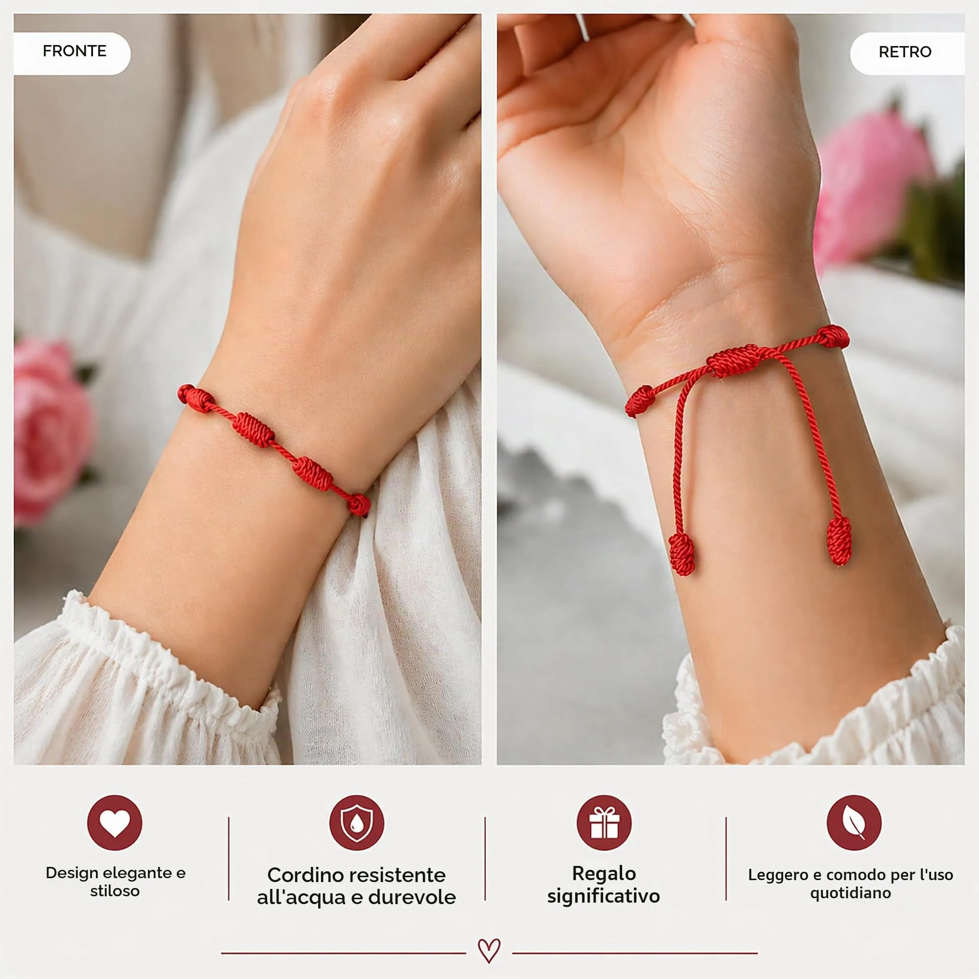 Mystic Jewels Braccialetto Cabala in Filo Rosso con 7 Nodi, Unisex Regolabile - immagine 3
