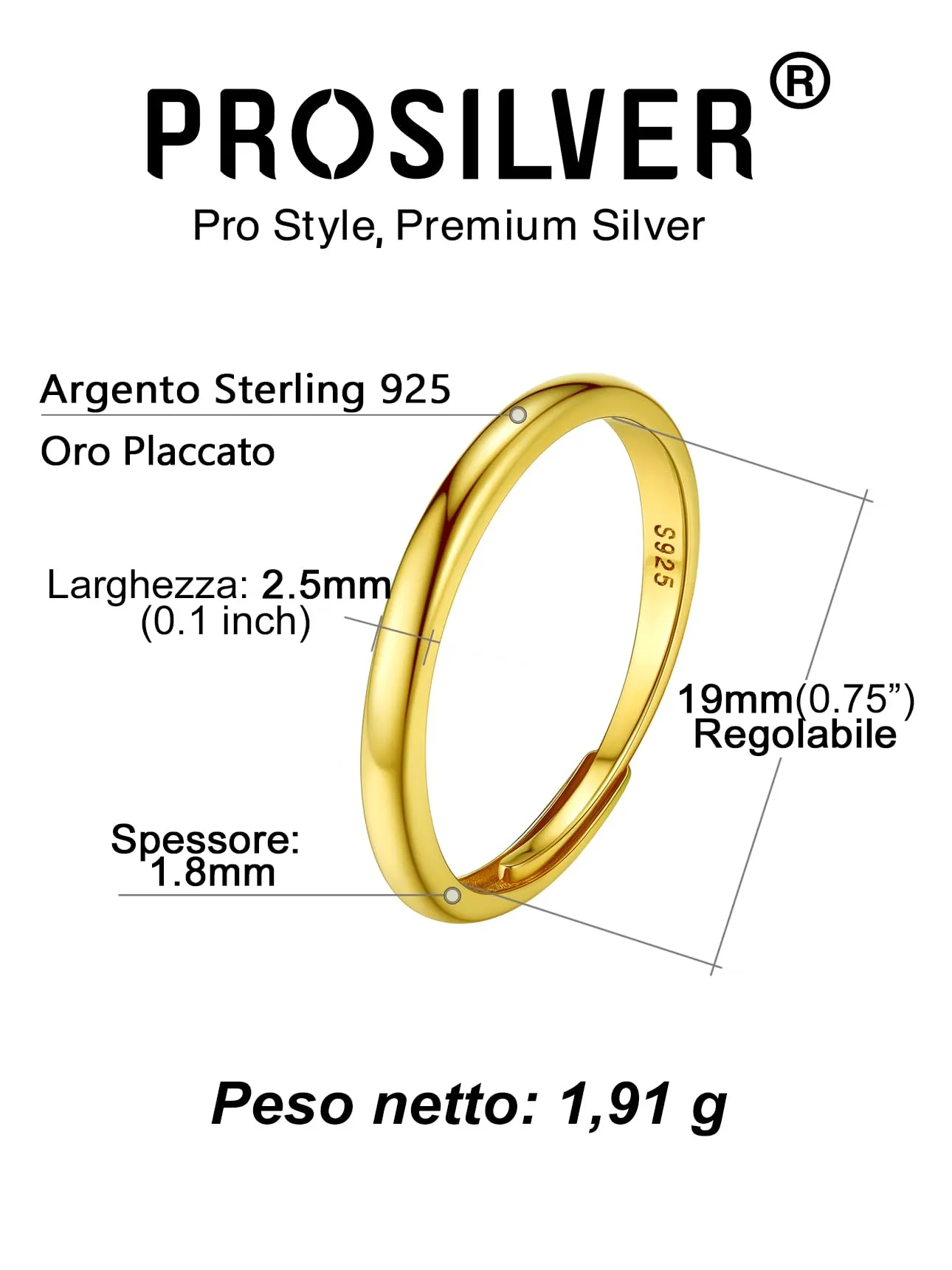 PROSILVER Anello Regolabile Donna Argento 925 Placcato Oro 2,5mm - immagine 4