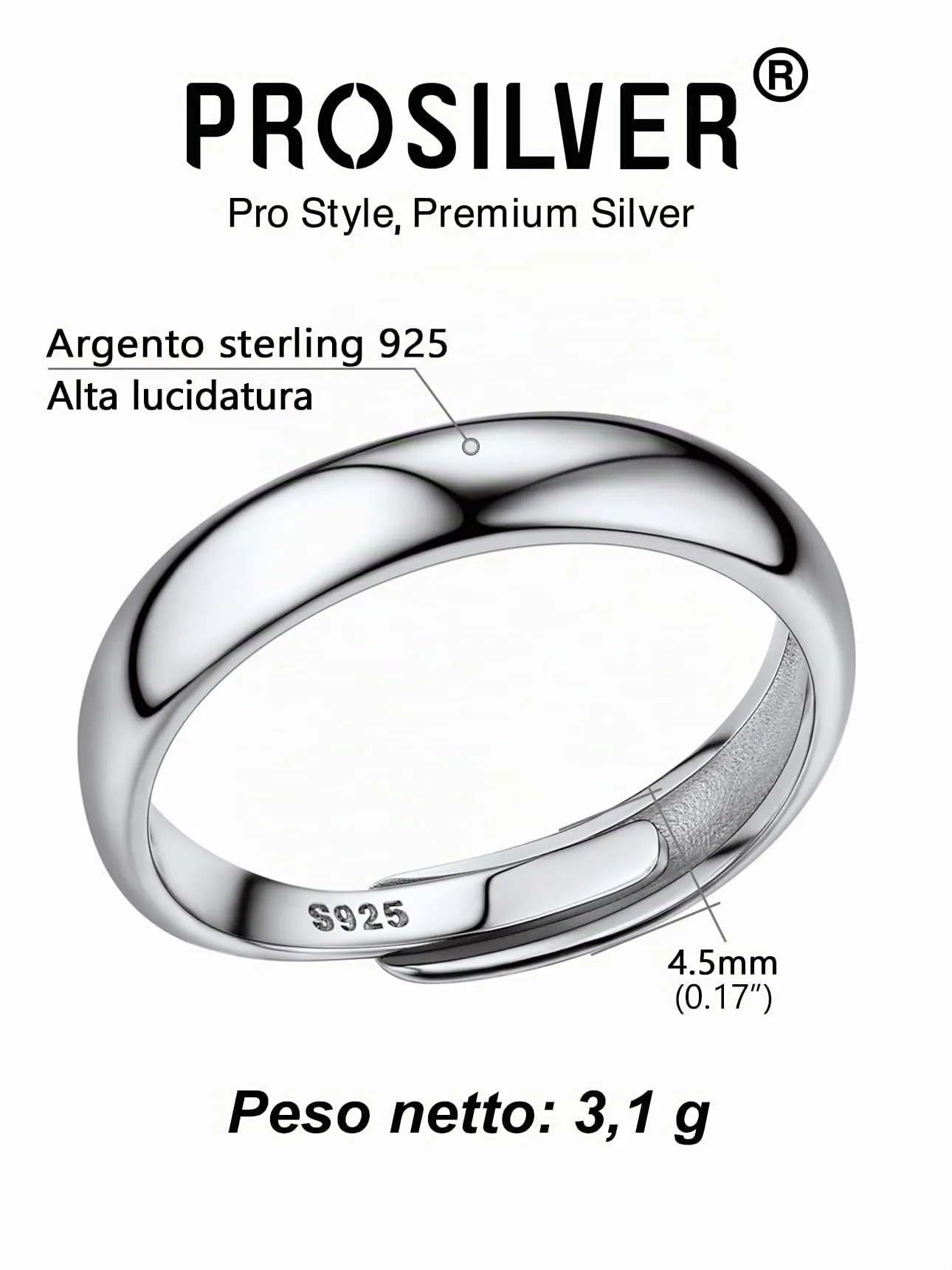 PROSILVER Anello Regolabile Donna in Argento 925, 4,5mm, Finitura Lucidata - immagine 3
