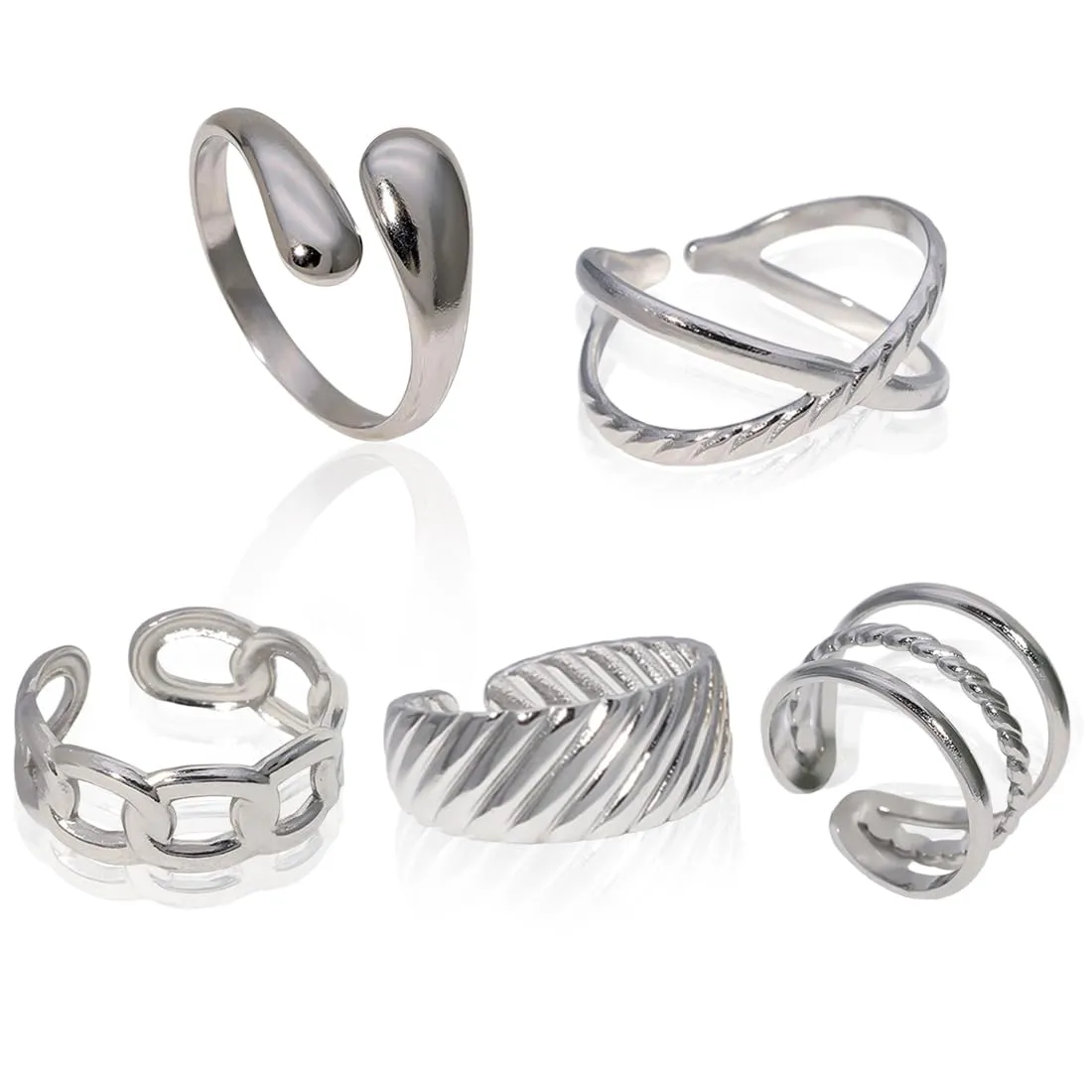 AFCJLTO Set di 5 Anelli Donna in Acciaio Inossidabile, Boho Minimalista Impilabili, Argento Regolabili - immagine 1